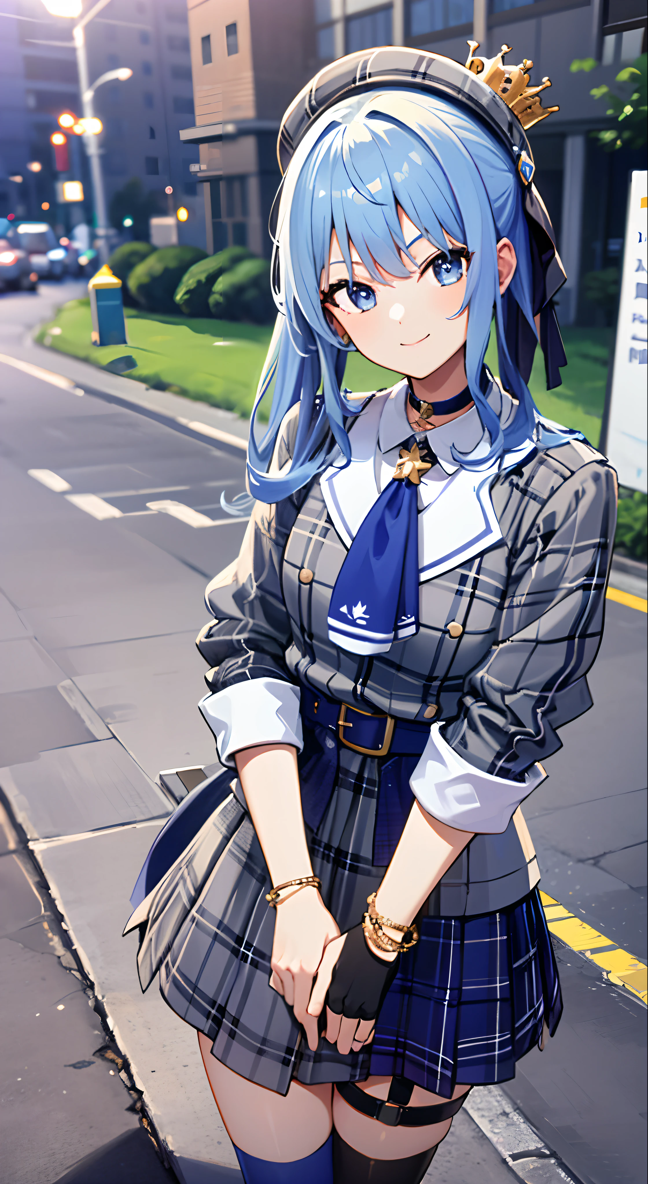 masterpiece, top-quality, Hi-Res, SUI1, 1girl in, 独奏, side poneyTail, hoshimachi suisei, Fingerless gloves, Single thigh, jewely, single sock, Thigh strap, A bracelet, Blue socks, buttoning, single kneehigh, Plaid dresses, Blue choker, Blue belt, plaid skirts, mini crown, Gray skirt, Blue Ascot, long-sleeve, Plaid jacket, cowboy shot,A smile、blue hairs