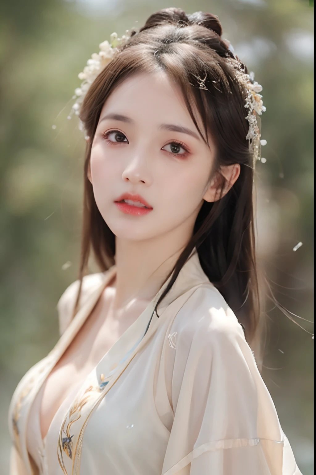 ((Best Quality, 8k, Masterpiece: 1.3)), Focus: 1.2, Perfect Body Beauty: 1.4, Buttocks: 1.2, ((Layered Haircut)), (Wet Clothes: 1.1), (Rain, Street:1.3), (Breasts: 1.2), (Hanfu: 1.2), Bare Shoulders, Bare Legs, Highly Detailed Face and Skin Texture, Fine Eyes, Double Eyelids, Whitened Skin, Long Hair, (Shut Up: 1.5), (Bokeh Background: 1.5), Big Breasts
