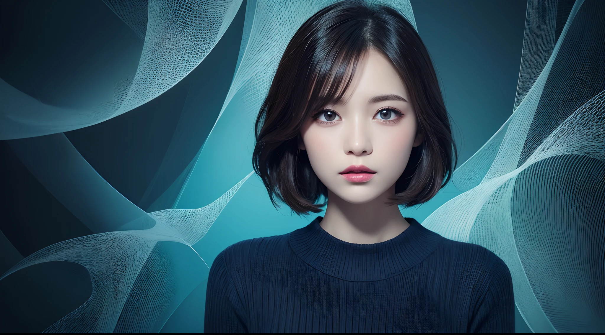 masutepiece, Best Quality, (1womanl), Ultra-detailed, finely detail, hight resolution, 8K picture quality, Perfect dynamic composition, Beautiful detailed eyes, Natural Lip, Dark blue knitted dress, extra very short hair, Abstract background, bashfulness
