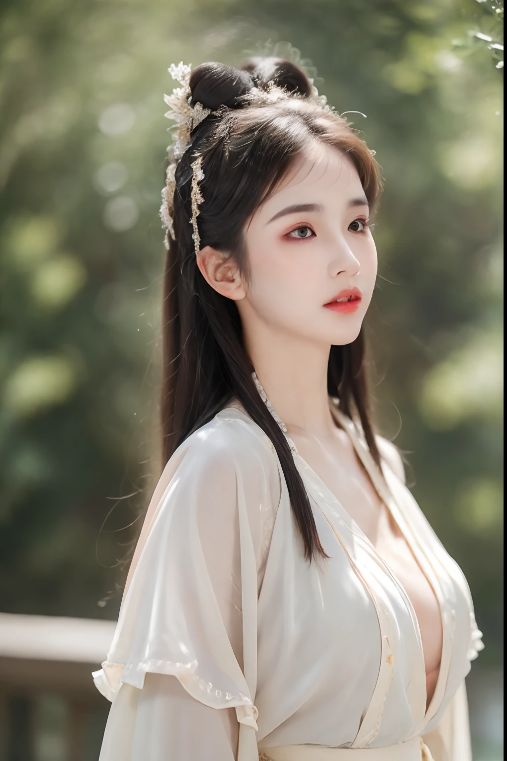((Best Quality, 8k, Masterpiece: 1.3)), Focus: 1.2, Perfect Body Beauty: 1.4, Buttocks: 1.2, ((Layered Haircut)), (Wet Clothes: 1.1), (Rain, Street:1.3), (Breasts: 1.2), (Hanfu: 1.2), Bare Shoulders, Bare Legs, Highly Detailed Face and Skin Texture, Fine Eyes, Double Eyelids, Whitened Skin, Long Hair, (Shut Up: 1.5), (Bokeh Background: 1.5), Big Breasts