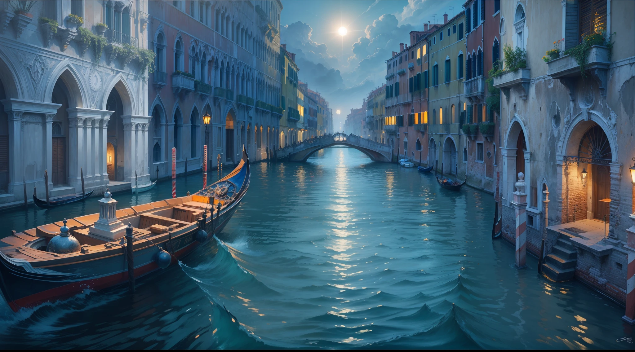 Chronos Portal, Venice, foggy, painting, speed, futurism, expressionism, canal, boat, canal grande, dark blue