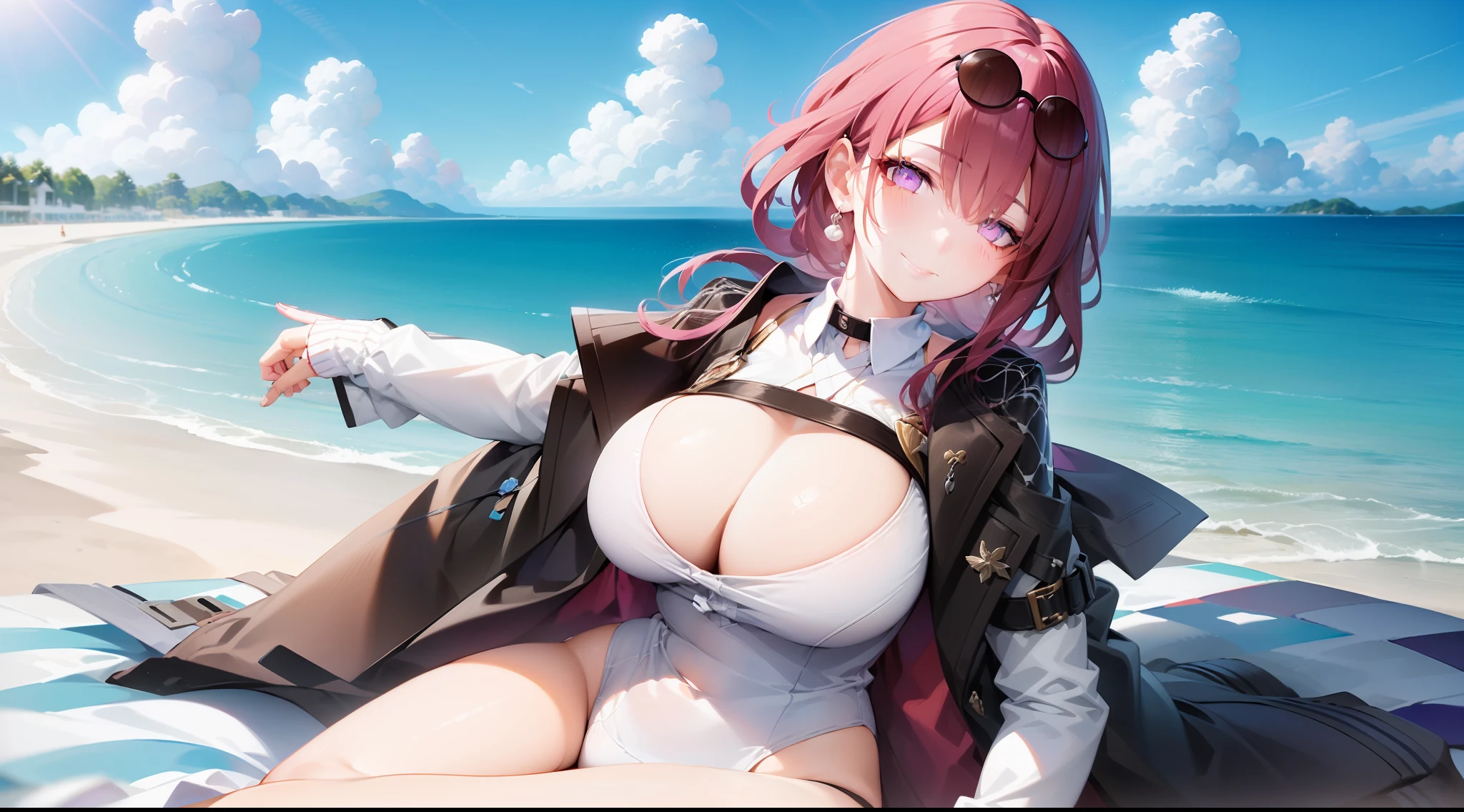 (masterpiece), (ultra detailed), ((just 1girl)), solo, official, purple eyes, (empty eyes:1.2), full body swim suit, 1girl, looking at viewer, smile, blush, beach background, (sitting), (from behind),
