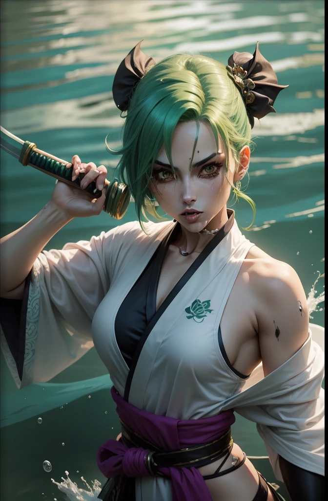 girl, Demon Slayer uniform, Detailed. Breathing style: Lanterns. Unusual hair, skin defect. katana. Tall