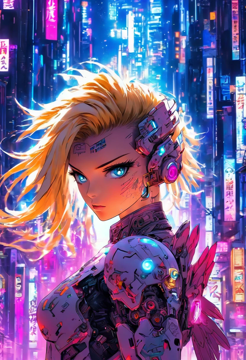 The most beautiful and gorgeous cyberpunk girl, long blonde hair, blue eyes, wearing highly detailed futuristic battle armor, mechanical angel wings, a glowing halo, magazine cover, tattoos and piercings, cherry blossoms blowing in the wind, futuristic cyber city, perfect masterpiece, high quality, high resolution