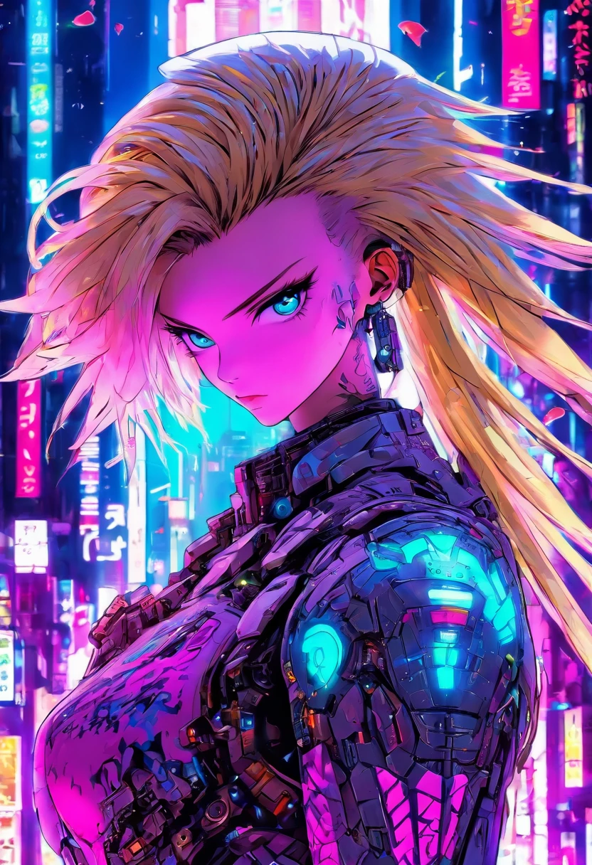 The most beautiful and gorgeous cyberpunk girl, long blonde hair, blue eyes, wearing highly detailed futuristic battle armor, mechanical angel wings, a glowing halo, magazine cover, tattoos and piercings, cherry blossoms blowing in the wind, futuristic cyber city, perfect masterpiece, high quality, high resolution