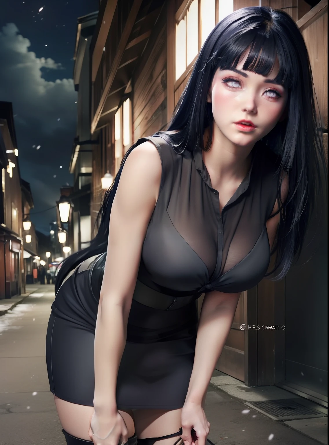 Hinata hyuga A woman was in a small alley. At night. Looks like she's wearing a full-length black dress. Dress it looks so tight. Make the curves of his body trace. Showing her big, round breasts. He looks a little bent. With long straight hair. Unraveling. It's blue. He had a white as snow. With her rosy cheeks. And little red lips. He looked into the camera. So pretty... sexy and realistic
