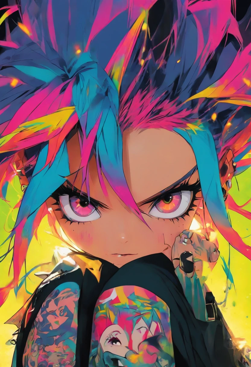 The most beautiful and gorgeous punk rock girl, rainbow colored hair, yellow eyes, wearing a hoodie graphic t-shirt and torn skinny jeans, tattoos and piercings, magazine cover, perfect masterpiece, high quality, high resolution