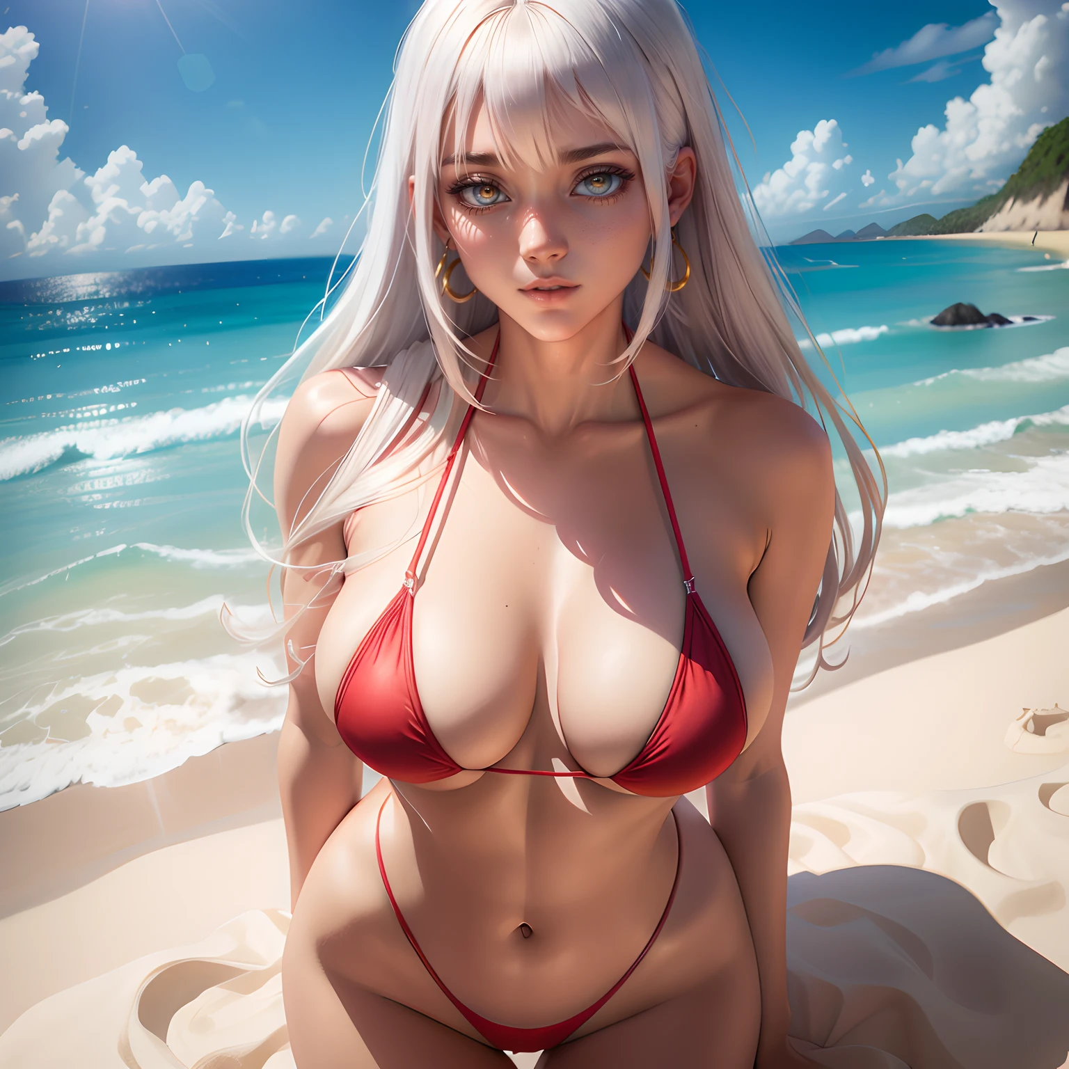 ultra-Fotorrealista, mulher extremamente sedutora, Seios enormes, Praia do Sol Celestial, super detailed illustration, white hairs, olhos vermelhos, bikini white, corpo suado, vivid colors, foco nítido