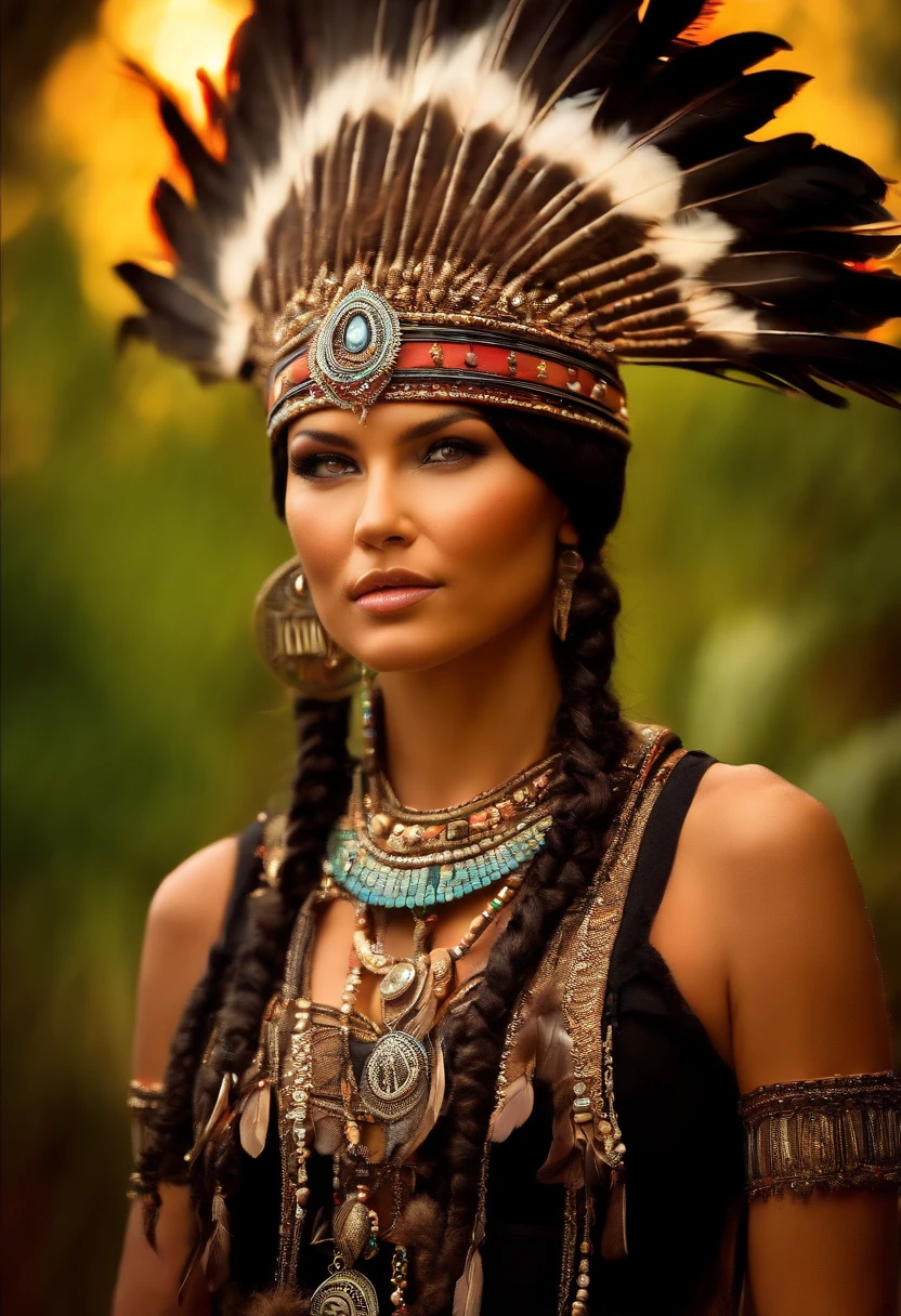 (((masterpiece, ultra realistic glamour magazine style, Noise:50%, very intrincate detail, ultra baroque, complex scene, light red/light brown, extremely powerful lighting, lens flare)))
((( girl as Adriana Lima wearing fitted feathers hood and offshoulder two pieces sioux chief outfit with headdress, sunset in the jungle, ((((eyes makeup, slight smile, very short black curly pixie hair)))))))