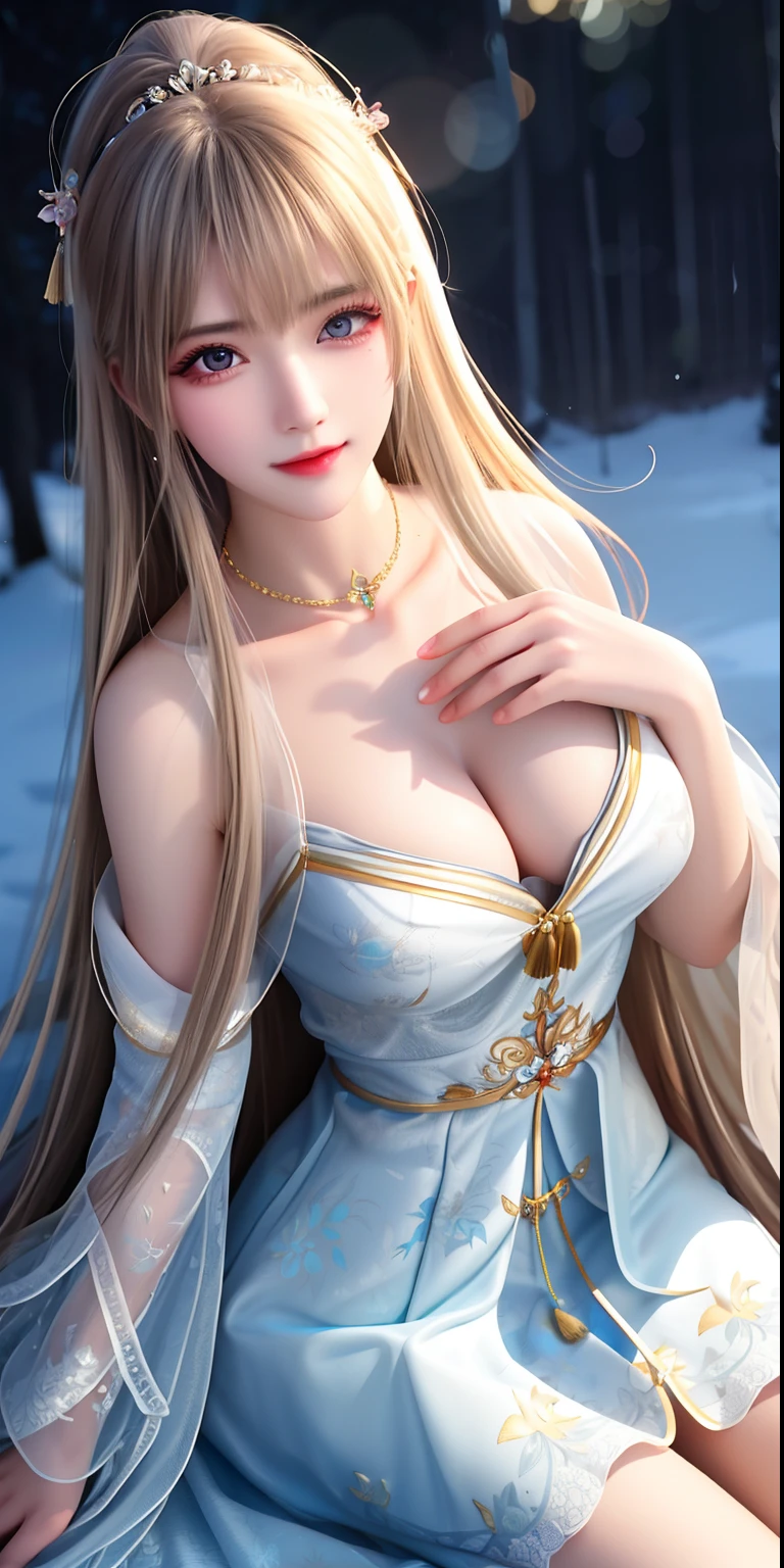 best qualityer,8K, tmasterpiece, A high resolution, 1girll, Clear silk porcelain dress, Fur coat, hair adornments, ssmile, Keep one's mouth shut, cparted lips,Large breasts,Shoulder, shift dresses, hair adornments, choker necklace, jewely, Chinese outfit, long whitr hair, 耳Nipple Ring, Detailed beautiful eyes, detailed eyelashes, beautiful face,after sexing_Body, Tyndall effect,realisticlying, edge lit, twotonelighting,(highdetailskin:1.2), 8K, Ultra HD, digital SLR camera, gentle illumination, high high quality, Volumetriclighting, Frankness, photore, A high resolution, Bokeh, at a forest, Falling snow, Winters, in the afternoon