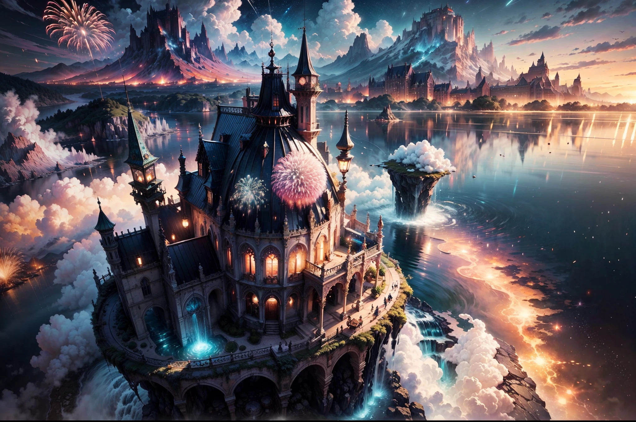 (Spectacular fireworks display, Large fireworks, grand ceremony:1.2)Envision a mesmerizing scene of a magnificent realm of romantic dreams. The environment is filled with intricate floating islands, fluffy clouds, waterfalls cascading from the floating islands, and a vibrant, surreal atmosphere. The atmosphere is filled with a sense of wonder and tranquility. Include many shades of pink in the image along with other vibrant jewel-toned hues. This scene will be depicted in an anime-style illustration, with soft lines, pastel colors, and a whimsical touch. All buildings are extremely detailed and elegant. The artwork will capture the ethereal beauty and tranquility of the dreamlike realm, creating a sense of harmony and escape from the ordinary world. Include teal water, colorful watercolor skies, glowing elements, and many small fantasy details including iridescence, expertly created majestic landscapes, and shimmer and glimmer. Above all else, this should look like a fantasy artwork.