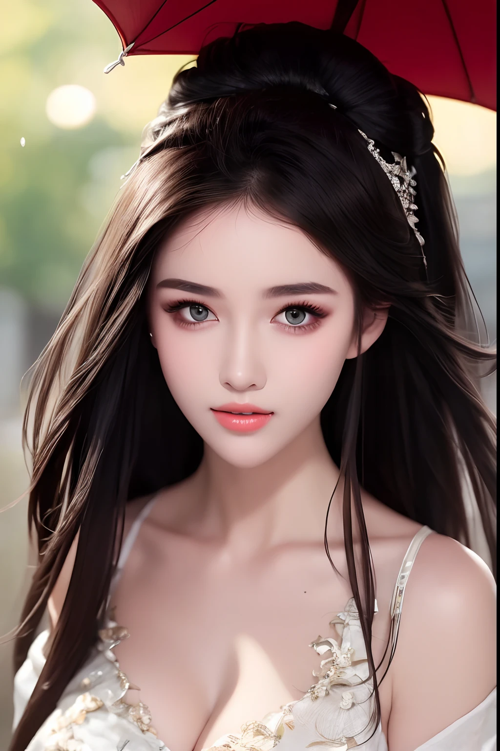 ((Best Quality, 8k, Masterpiece: 1.3)), Focus: 1.2, Perfect Body Beauty: 1.4, Buttocks: 1.2, ((Layered Haircut)), (Wet Clothes: 1.1), (Rain, Street:1.3), (Breasts: 1.2), (Hanfu: 1.2), Bare Shoulders, Bare Legs, Highly Detailed Face and Skin Texture, Fine Eyes, Double Eyelids, Whitened Skin, Long Hair, (Shut Up: 1.5), (Bokeh Background: 1.5), Big Breasts