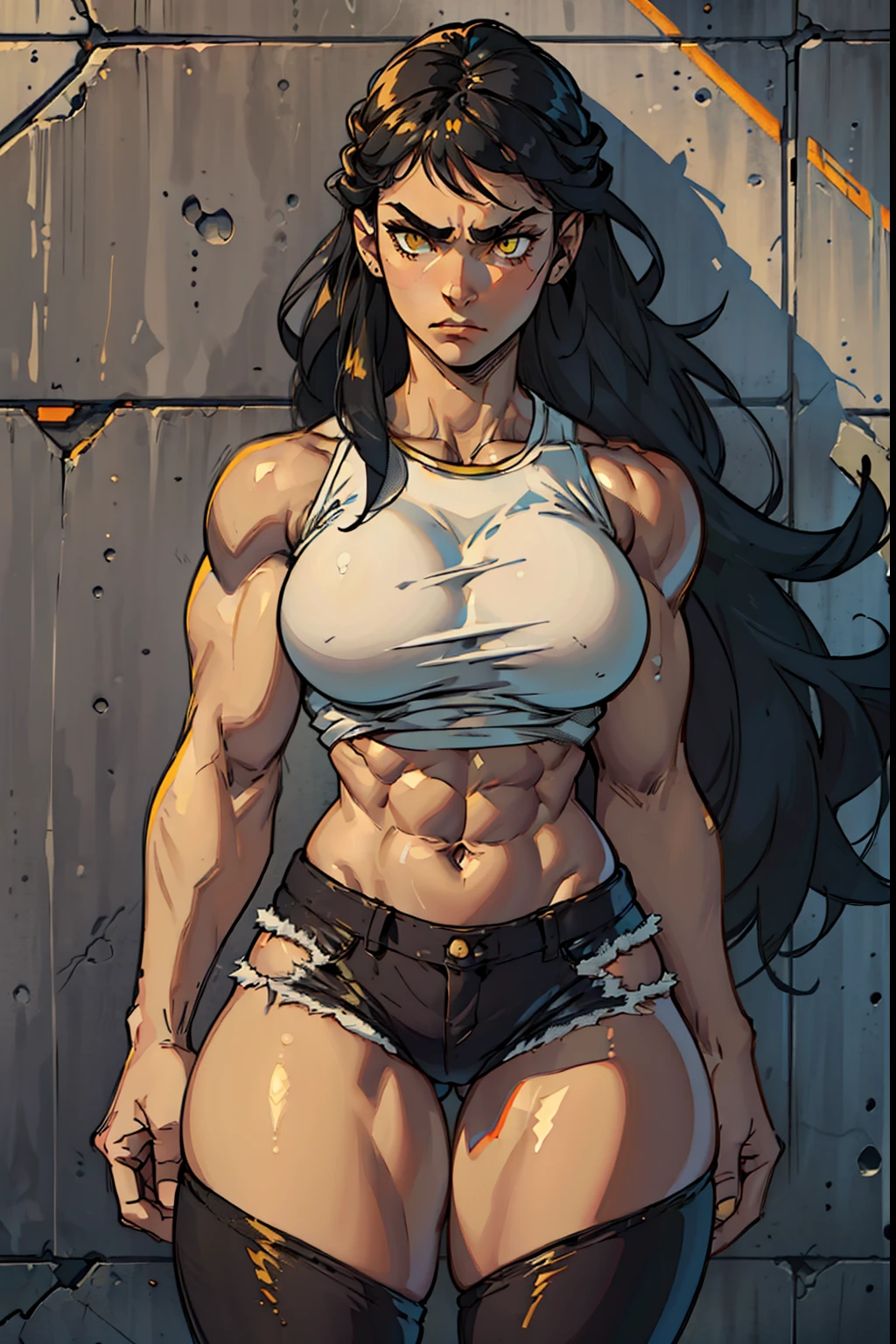 ((((((1 girl)))))), solo, black, hair, extremely long hair, yellow eyes, angry, ((((large breasts)))), ((((thick thighs)))), curvy, wide hips, (((((muscular))))), toned body, (tight pants), (tight shirt), navel, abs, concrete wall, pale skin