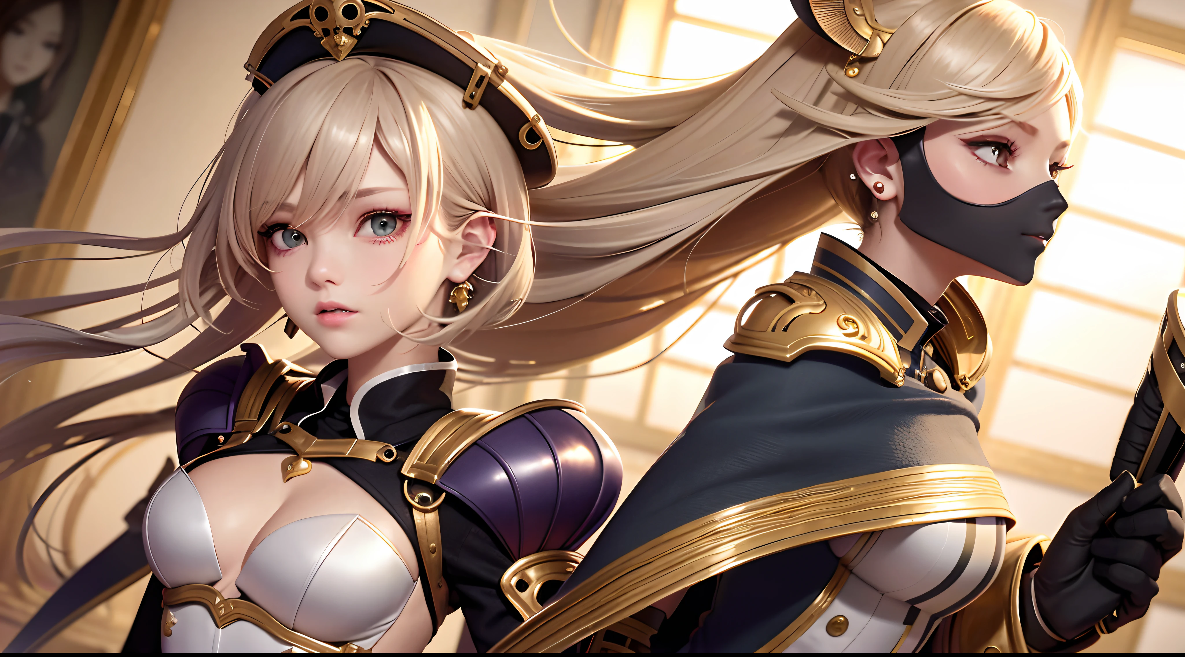 optimum，tmasterpiece，A high resolution，best qualtiy，hyper HD，super detailing，Award-Awarded，16k，独奏，（The upper part of the body），anatomy correct，Beautiful steampunk girl，Lady Knight，cute  face，high light，Gradient Beige Hair，Hairline，（（Scarlet eyes）），long eyelasher，Hanging eye corners，White skin of the，（small boobs），（Slim body），（Heart armor），（（College uniform with blazer）），（），ear studs，（neck rings），（Metal Material Apparel：1.2）