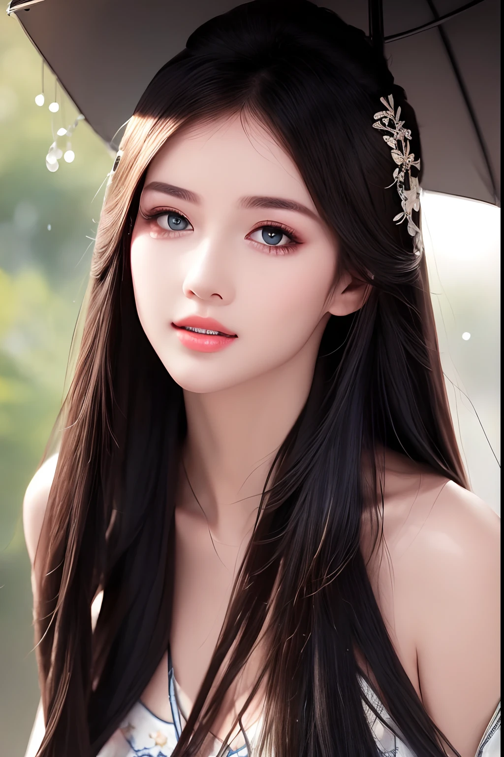 ((Best Quality, 8k, Masterpiece: 1.3)), Focus: 1.2, Perfect Body Beauty: 1.4, Buttocks: 1.2, ((Layered Haircut)), (Wet Clothes: 1.1), (Rain, Street:1.3), (Breasts: 1.2), (Hanfu: 1.2), Bare Shoulders, Bare Legs, Highly Detailed Face and Skin Texture, Fine Eyes, Double Eyelids, Whitened Skin, Long Hair, (Shut Up: 1.5), (Bokeh Background: 1.5), Big Breasts