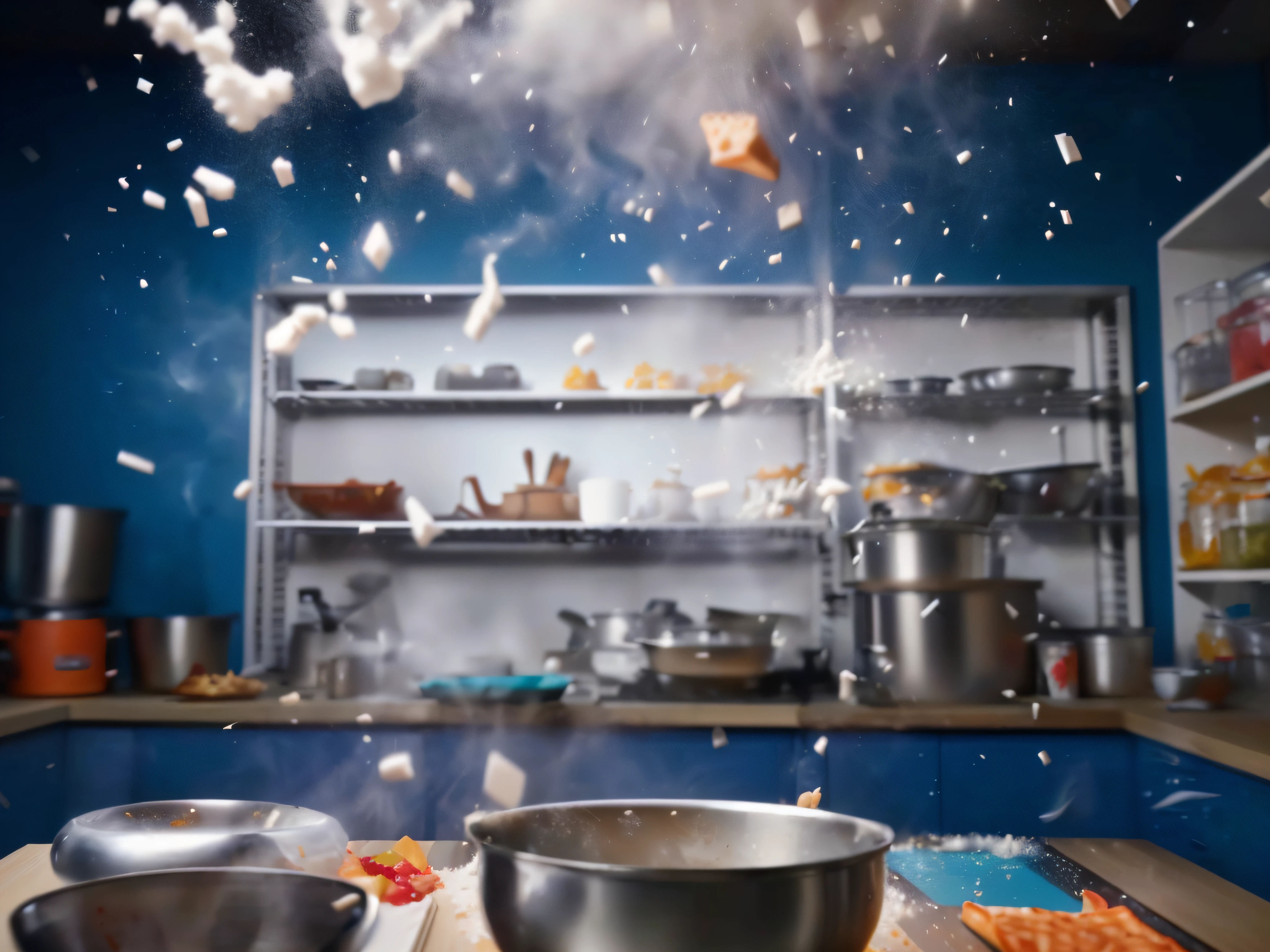 There are two bowls of food sprinkled with flour, food particles, food commercial 4 k, kitchens, culinary art photography, Commercial shooting, cooking show, Slow - Mo high-speed photography, On plates and tables, photo still of, particles and dust in the air, steaming food on the stove, Cooking, cinematic Film still from, Super slow motion