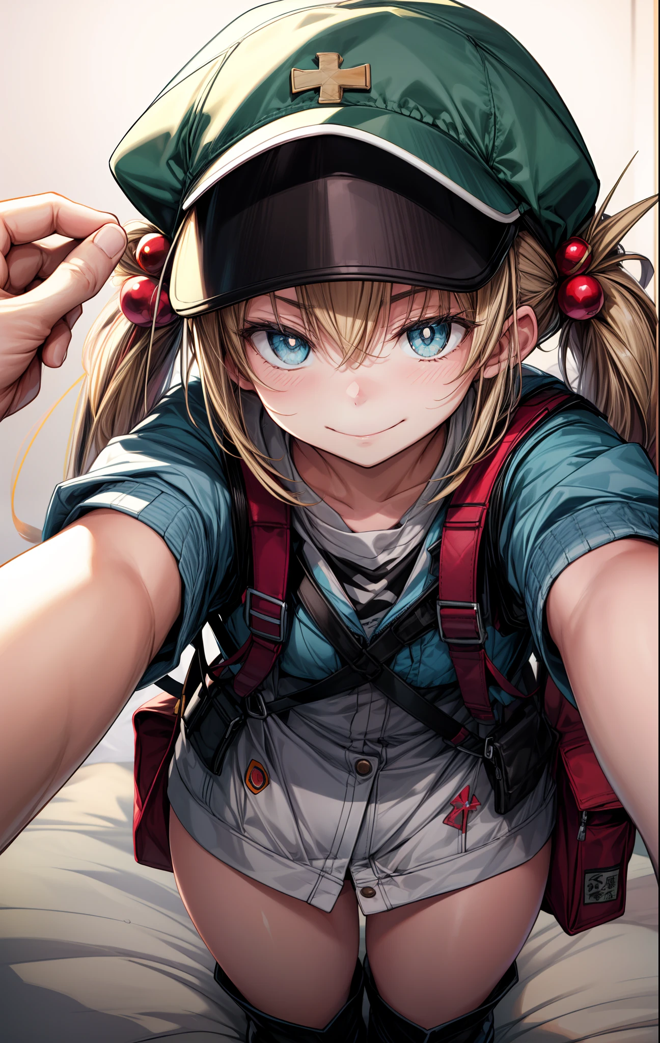 masutepiece, Best Quality, ,1girl in,Smile,Kawashiro Nitori, Closed mouth,two side up, hat,hair bobbles,backpack,keys,Hold cattail,Rubber boots,greybackground, (nffsw:0.7) Hires, Best Quality, Official art, NSFW, best anatomy, 1girl in, SEX, on the beds, POV, , Mission Grab, missionaries, masutepiece, Best Quality,Mission Grab,Doggie Grab