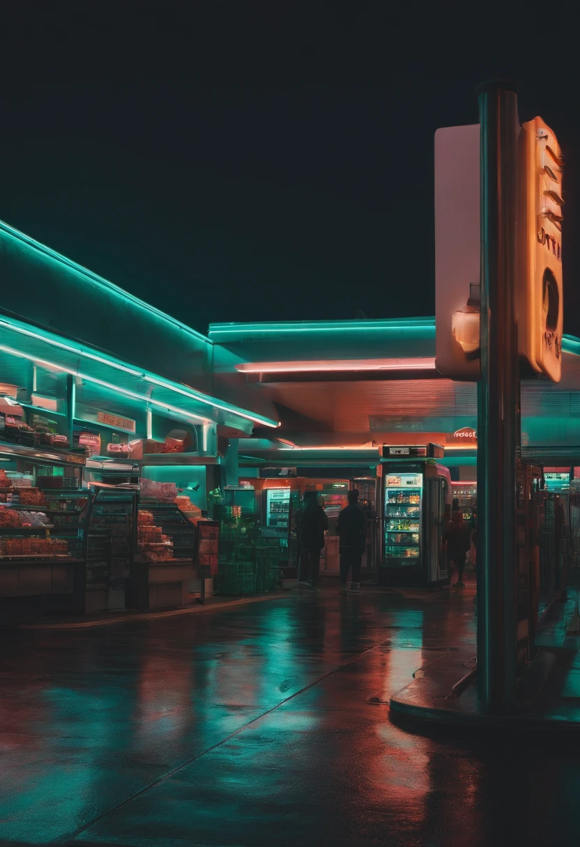 Cyberpunk style(2.0),supermarket,gasstation,crowd of,Quiet,the night,neonlight