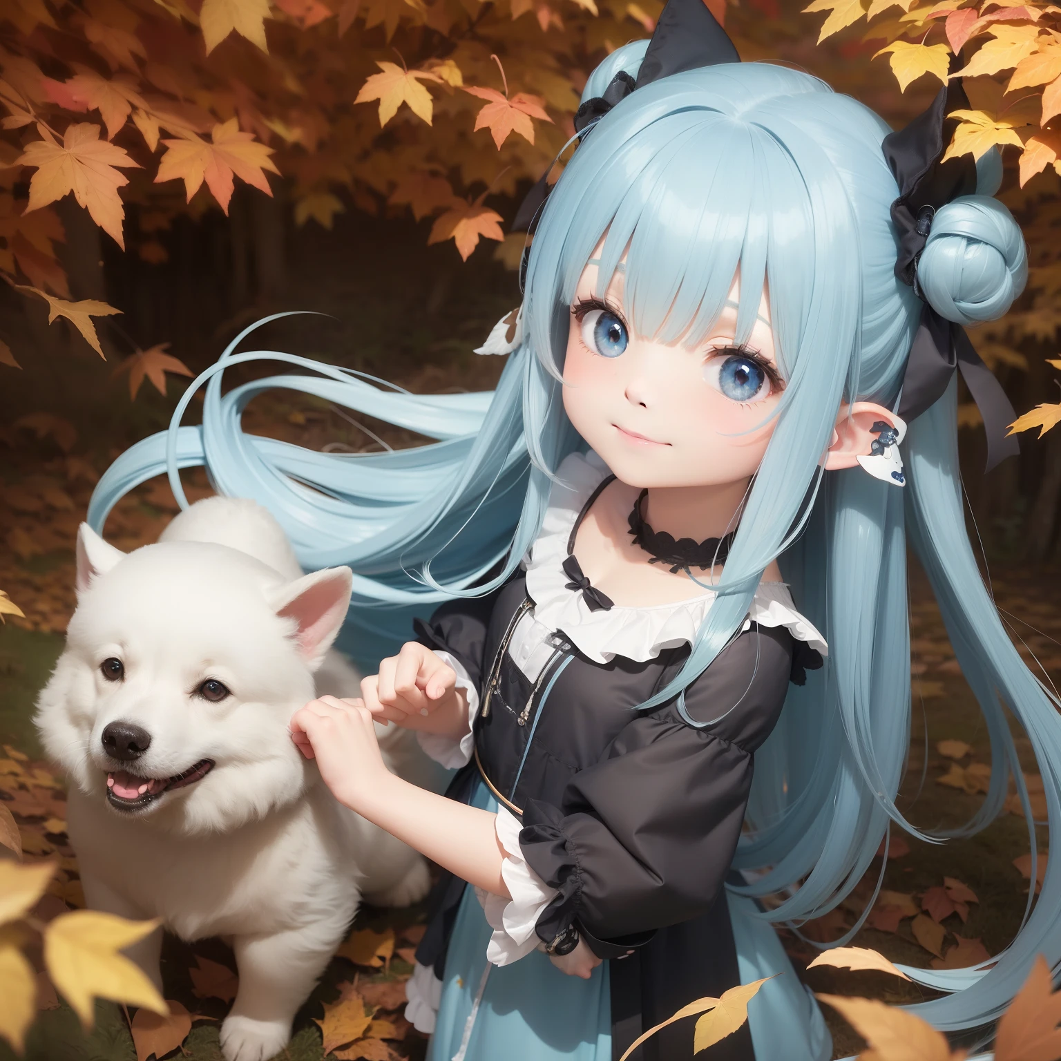 Cute little girl and puppy　Light blue long hair、a smile、Black eyes、Large in the center　Stroll through the forest of autumn leaves　Fairy tale background、The little girl is also with her、fantasy worlds