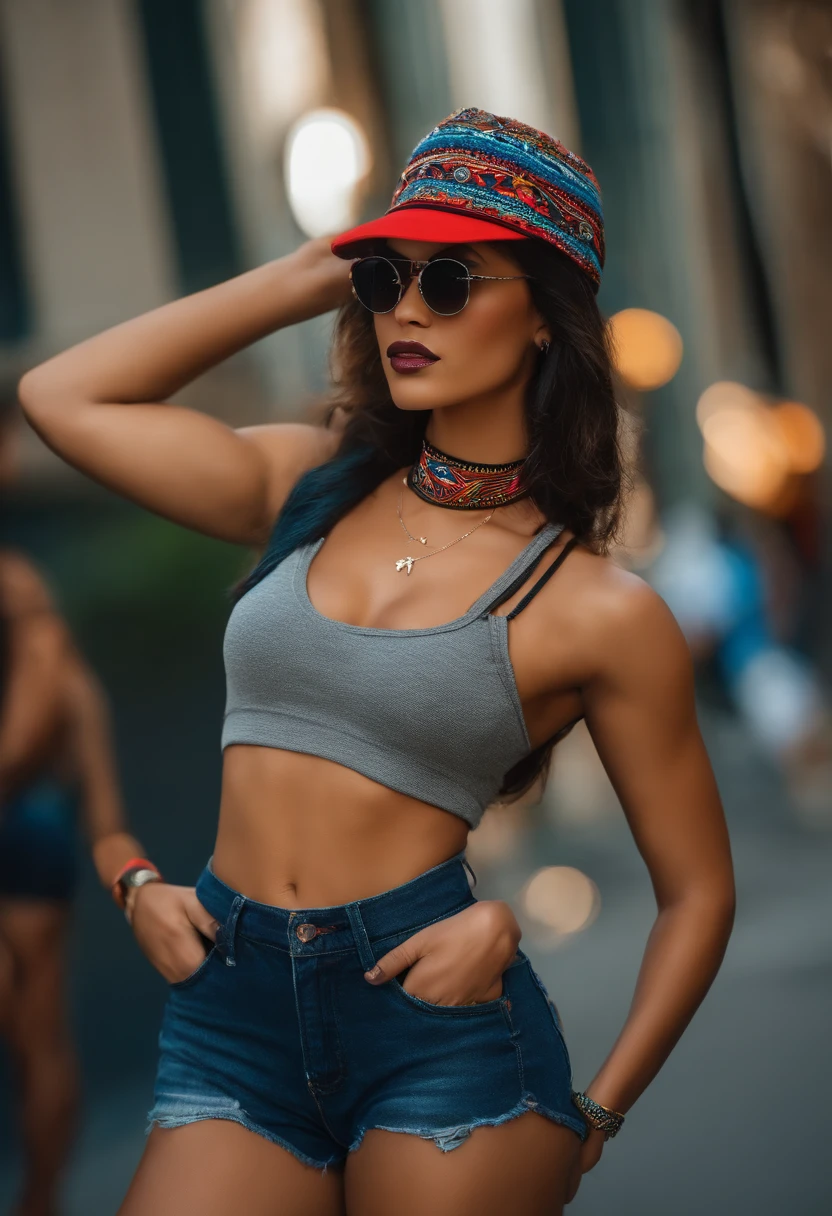 Woman, short shorts, crop top, choker, cap, muscular