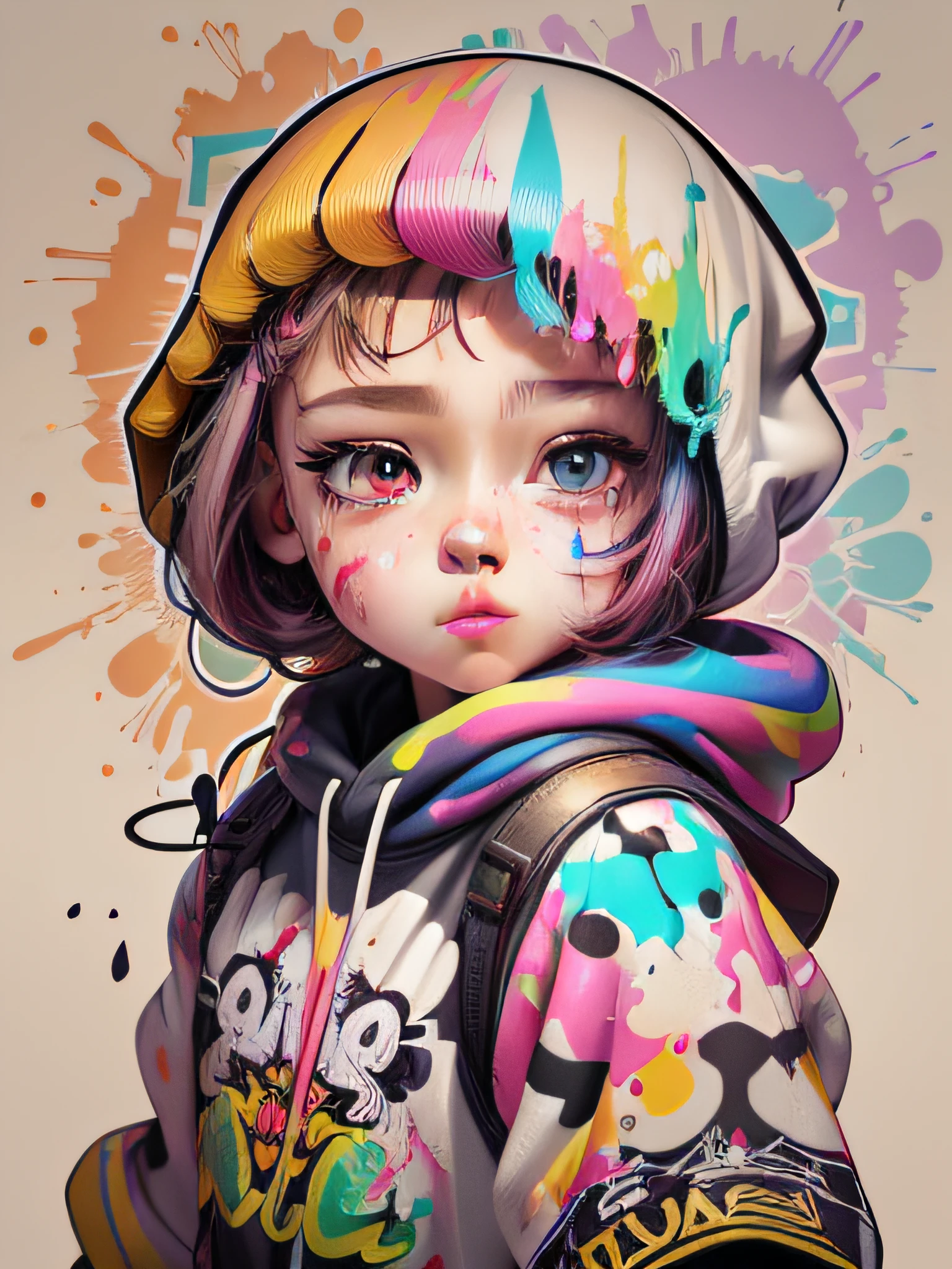 %(best quality,ultra-detailed,realistic),(digital art,vector art),(colorful illustrations,graffiti style),(cute doll),(off-center composition),(vibrant colors),(paint splatters and stains),(Adobe Illustrator),(extremely high detail),(white background)