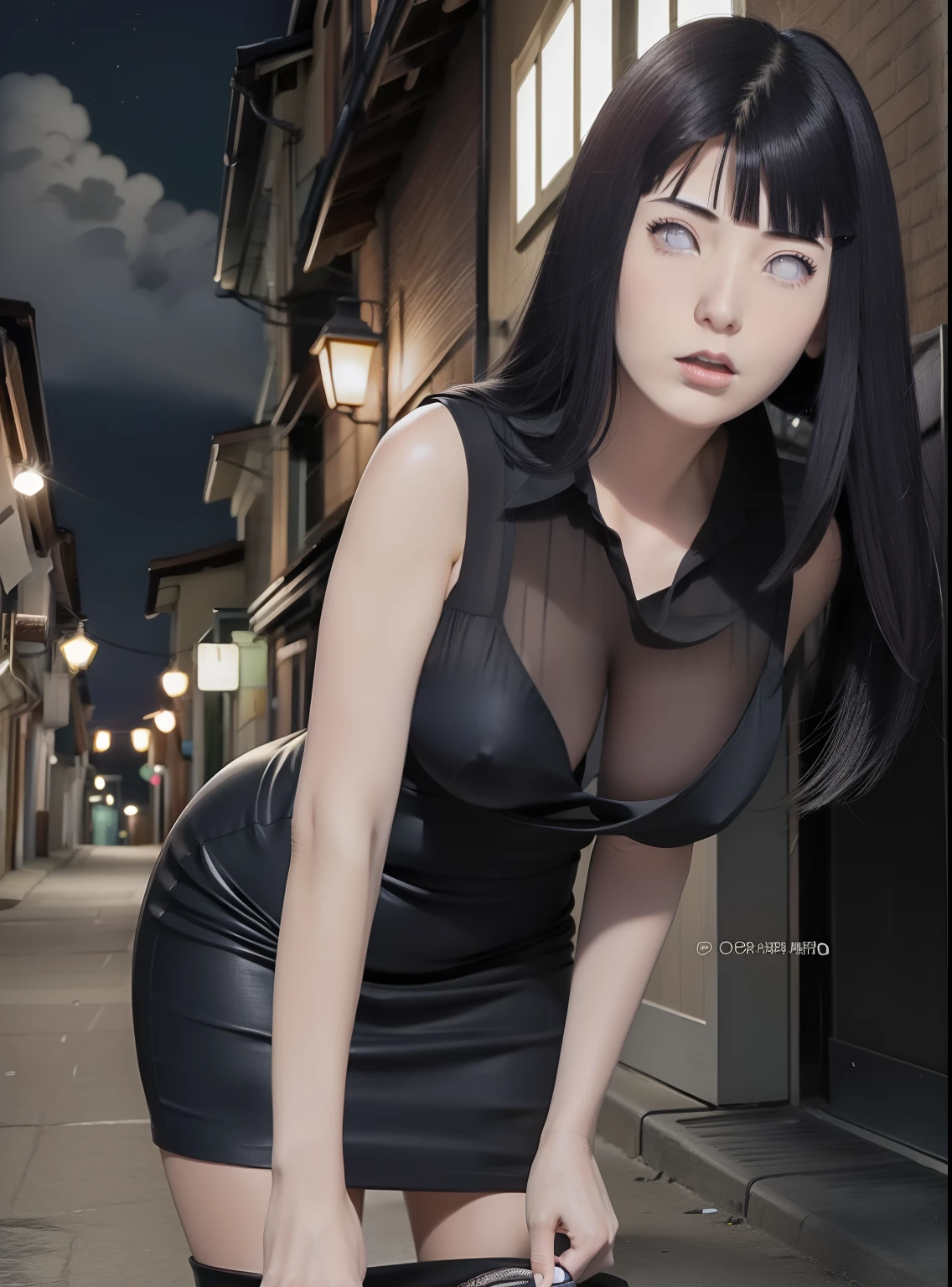 Hinata hyuga A woman was in a small alley. At night. Looks like she's wearing a full-length black dress. Dress it looks so tight. Make the curves of his body trace. Showing her big, round breasts. He looks a little bent. With long straight hair. Unraveling. It's blue. He had a white as snow. With her rosy cheeks. And little red lips. He looked into the camera. So pretty... sexy and realistic
