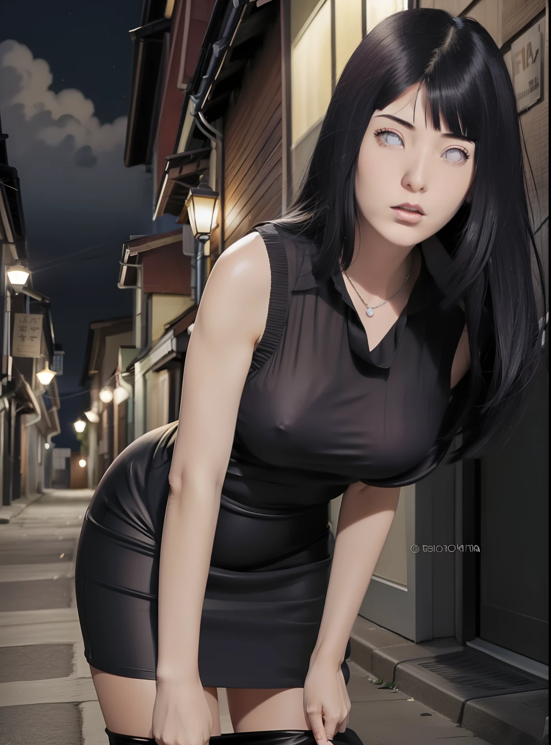 Hinata hyuga A woman was in a small alley. At night. Looks like she's wearing a full-length black dress. Dress it looks so tight. Make the curves of his body trace. Showing her big, round breasts. He looks a little bent. With long straight hair. Unraveling. It's blue. He had a white as snow. With her rosy cheeks. And little red lips. He looked into the camera. So pretty... sexy and realistic
