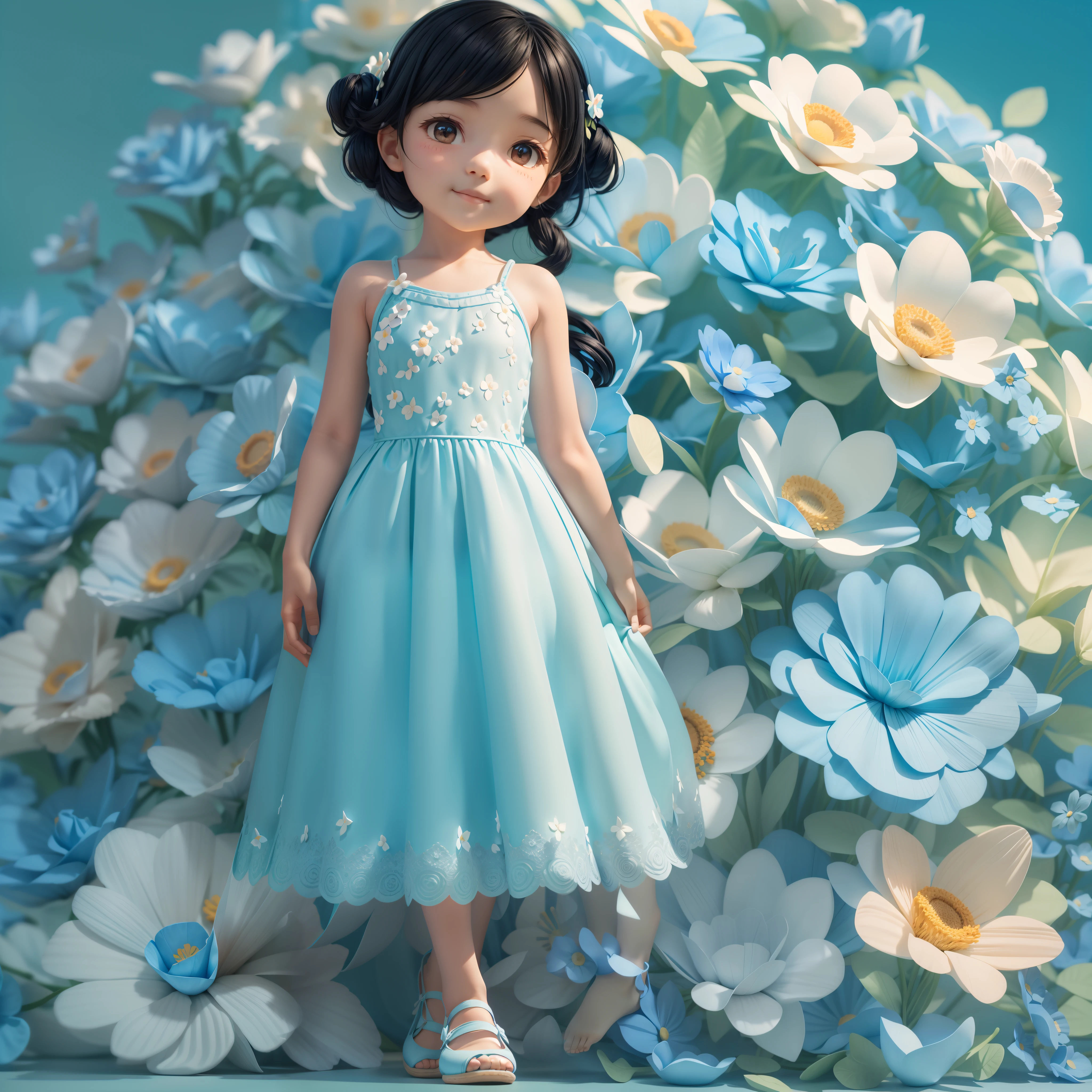Movie Angle,( cute female ,Black hair,Anatomically correct,full bodyesbian,Masterpiece flower room,Represents a light blue long dress,Fabric shoes,Holding a large handful of light blue flowers in both hands,ssmile),(illustration,paper art,a 3D render),(Elegant colors, Best quality, high detal, Masterpiece, Cinematic lighting, 4K, Chiaroscuro)