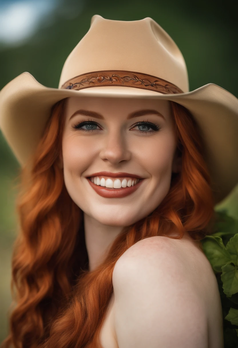 18,beautiful woman,redhead,pale skin,pawg,big booty,cowboy hat,smile