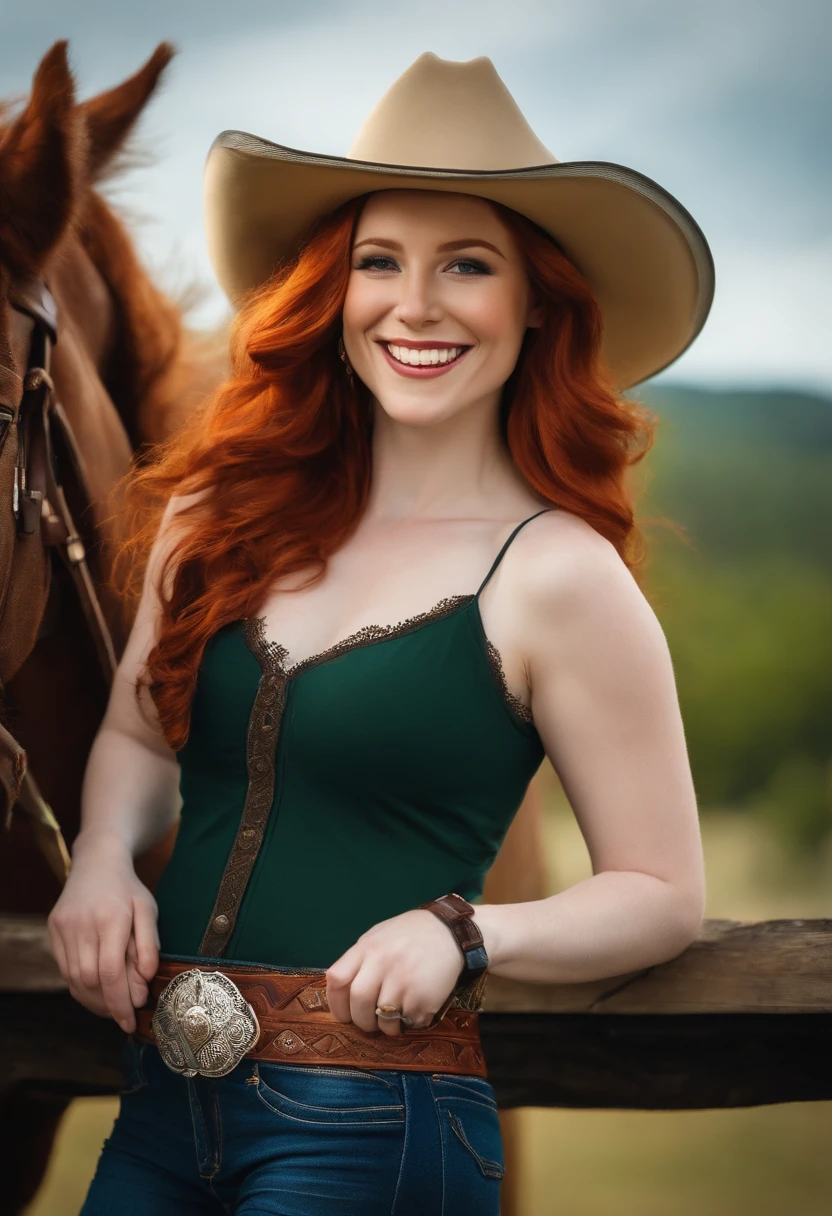 18,beautiful woman,redhead,pale skin,pawg,big booty,cowboy hat,smile