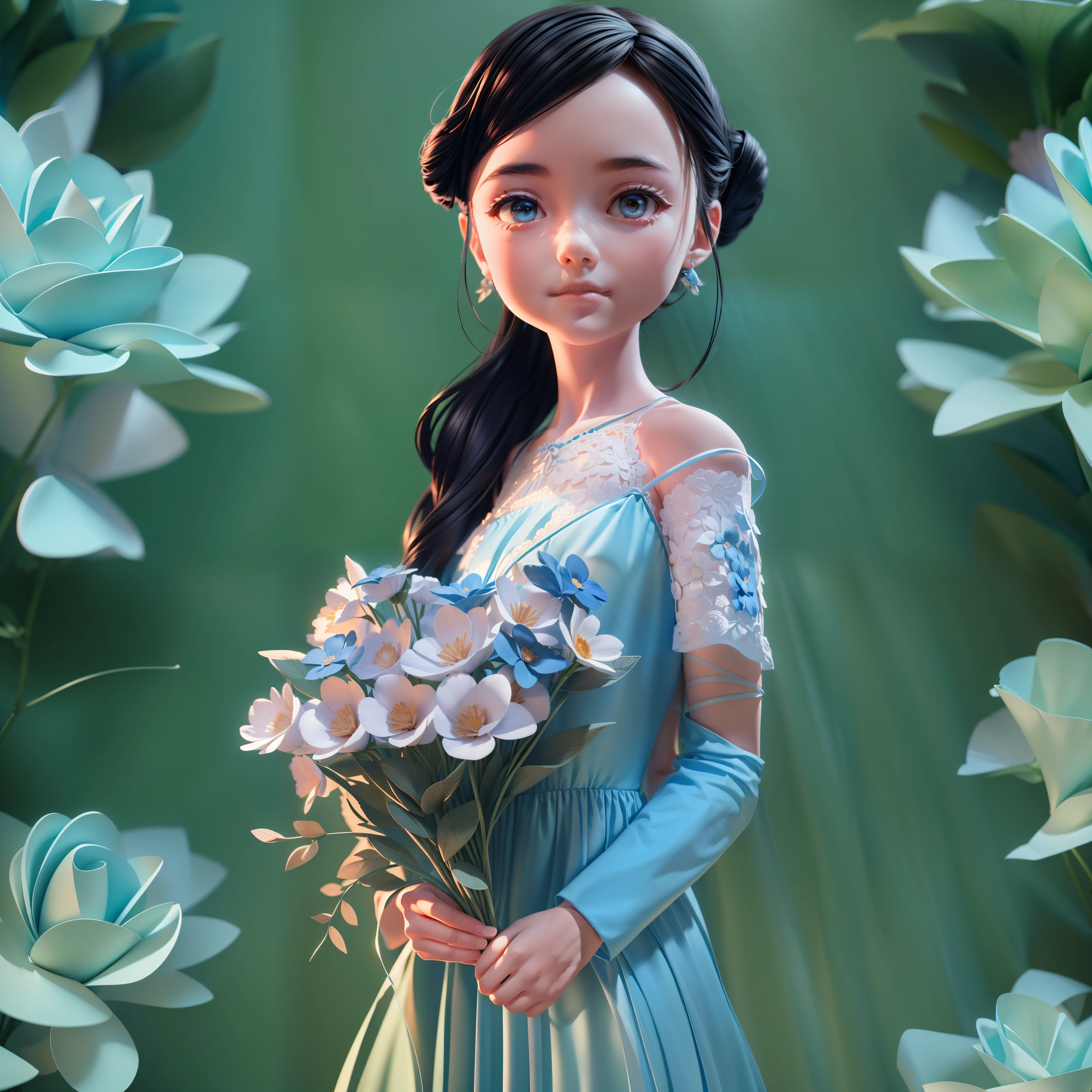 Movie Angle,( cute female child,Long black hair,Holding a bouquet of flowers in both hands,Anatomically correct,full bodyesbian,Masterpiece flower room,Represents a light blue long dress,Fabric shoes,Holding a large bouquet of light blue flowers in both hands,ssmile),(illustration,paper art,a 3D render),(Elegant colors, Best quality, high detal, Masterpiece, Cinematic lighting, 4K, Chiaroscuro)