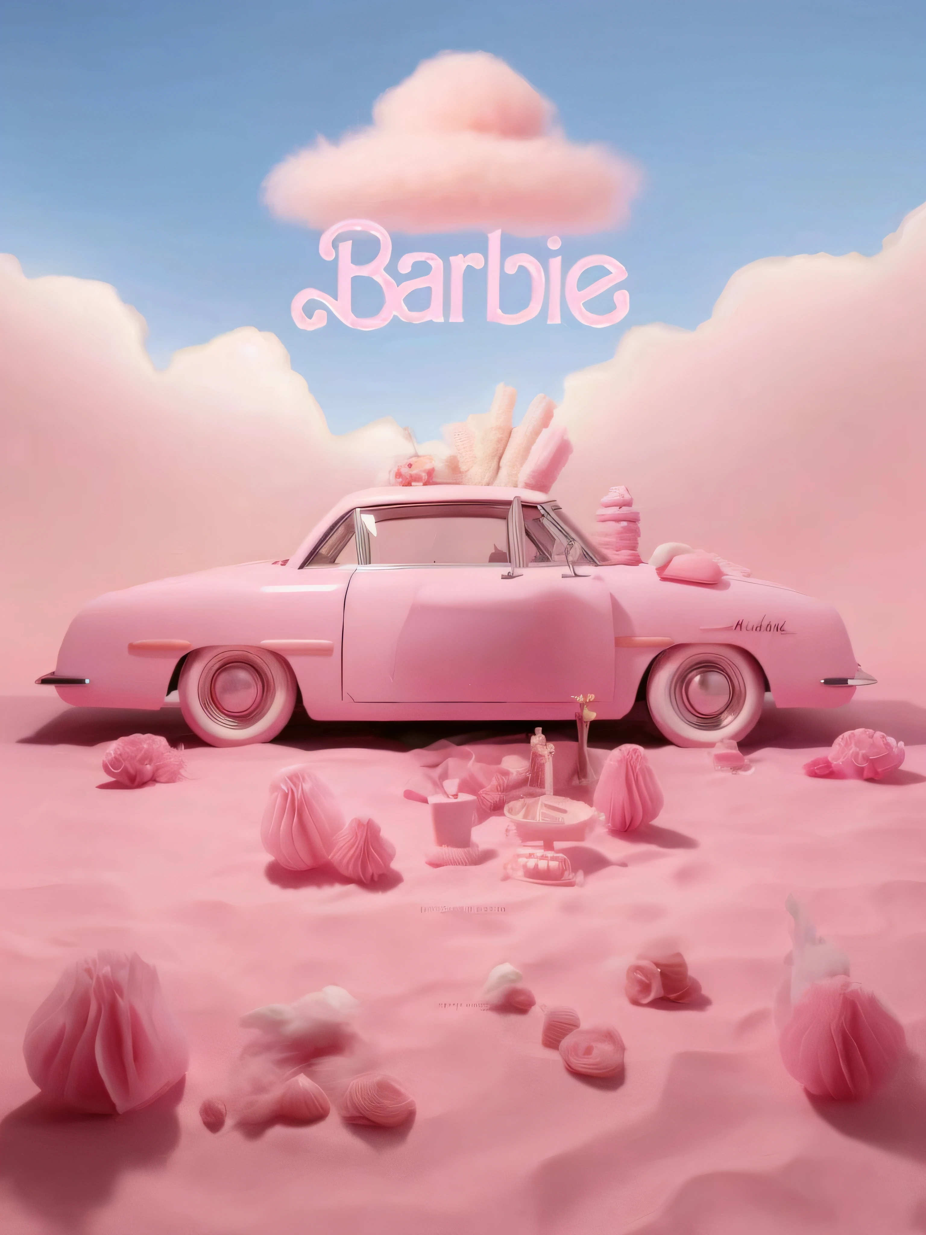 Alafi pink car with pink flowers and pink tissue balls in sand, Barbie, author：Gabriel Bar, Official artwork, inspired by Chris LaBrooy, barbiecore, made of cotton candy, promo art, music video, new album cover, Album art, 5 0 s aesthetic, album covers!, bubble gum, Aesthetic!, alternate album cover, author：Marie Bashkirtsev