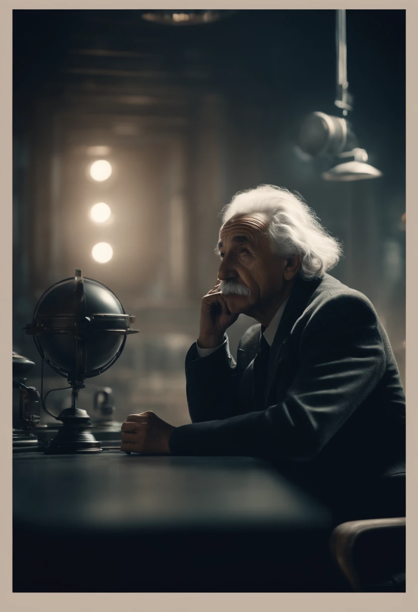 Albert Einstein pensive, futuristic dystopian environment