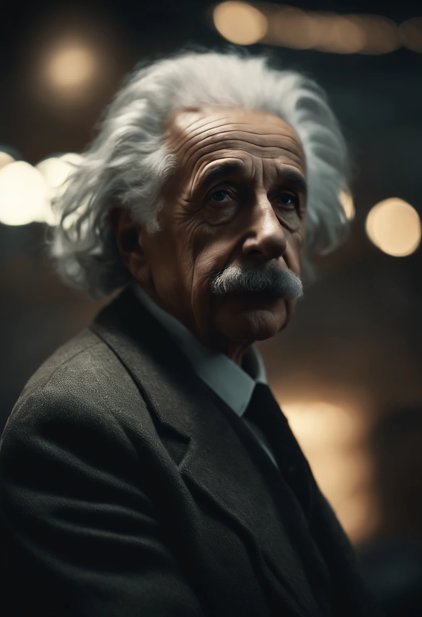 Albert Einstein pensive, futuristic dystopian environment