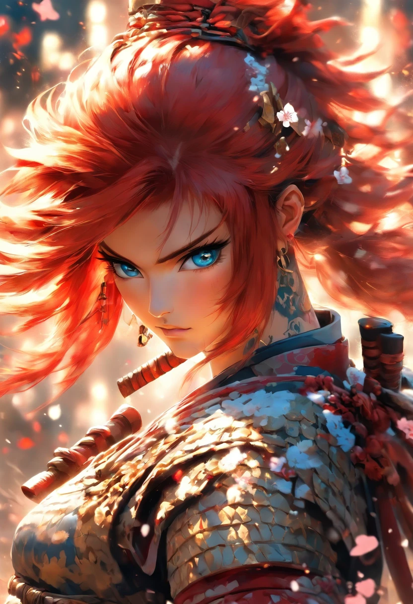 The most beautiful and gorgeous samurai warrior princess, red hair, blue eyes, wearing highly detailed white battle armor, tattoos and piercings, blood splattered, cherry blossoms blowing in the wind, post apocalyptic Japan, perfect masterpiece, high quality, high resolution
