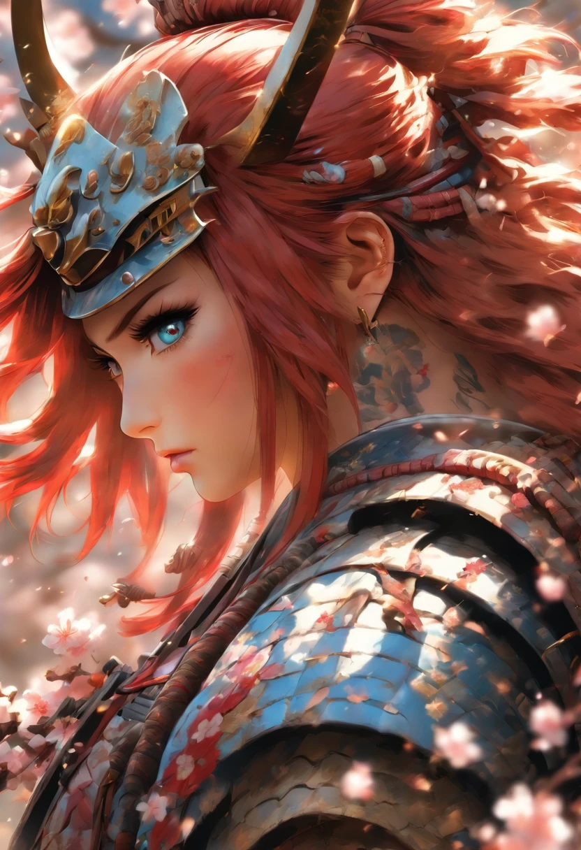 The most beautiful and gorgeous samurai warrior princess, red hair, blue eyes, wearing highly detailed white battle armor, tattoos and piercings, blood splattered, cherry blossoms blowing in the wind, post apocalyptic Japan, perfect masterpiece, high quality, high resolution