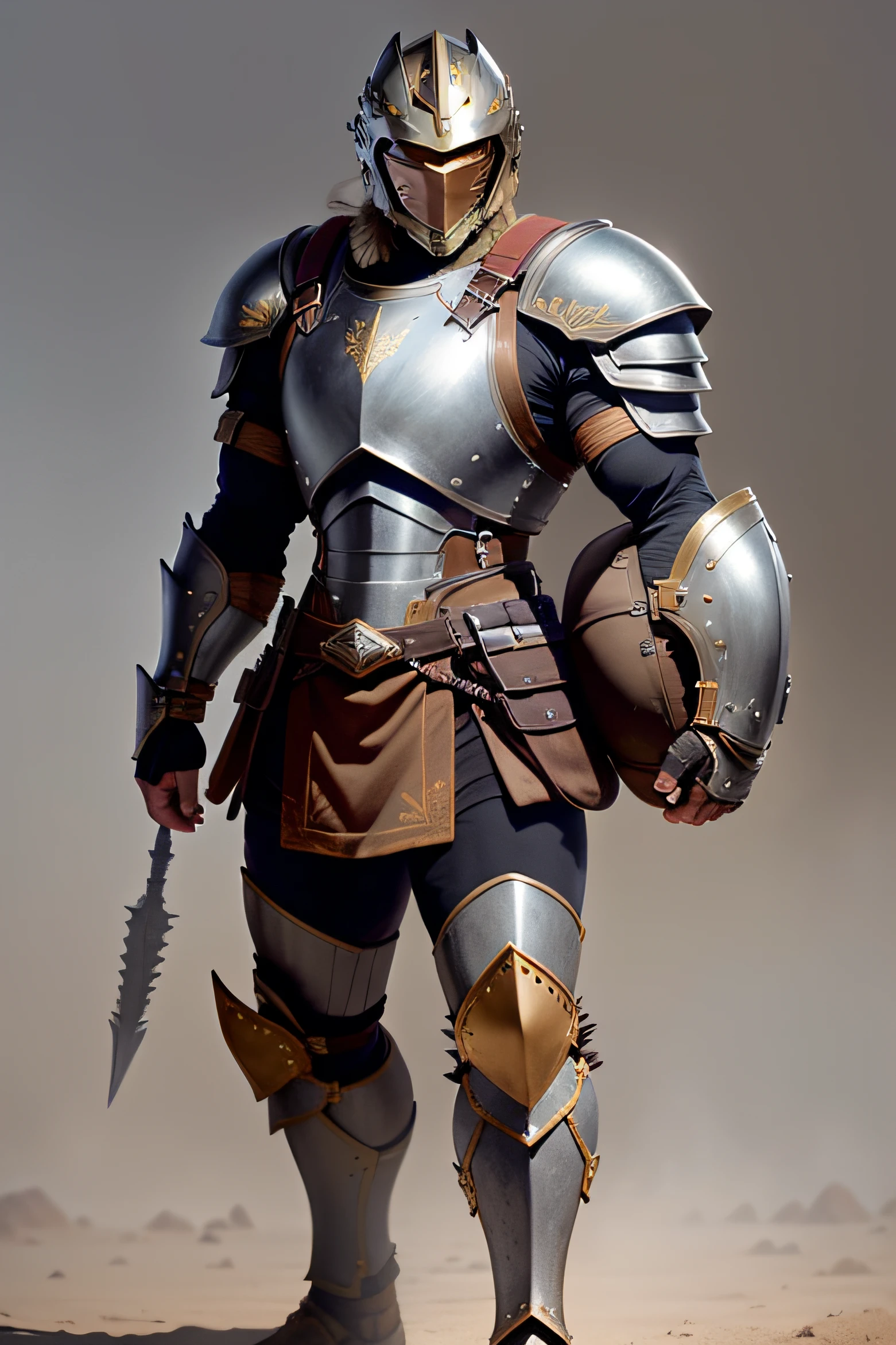 slim but muscular warrior, light but good armor, brown backpack, warrior facing us, helmet, full body view, rugged warn armor, fighter of monsters, grey and brown leather armor, realistic, high quality detail.