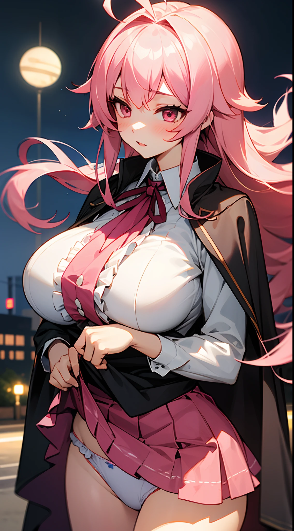 1 girl, game CG, frilled white shirt, red short skirt lift, cloak, top hat, neck ribbon, panties, gigantic breasts, pink hair, long hair, straight hair, princess hairstyle, ahoge, pink eyes, embarrassing, night , outdoor,