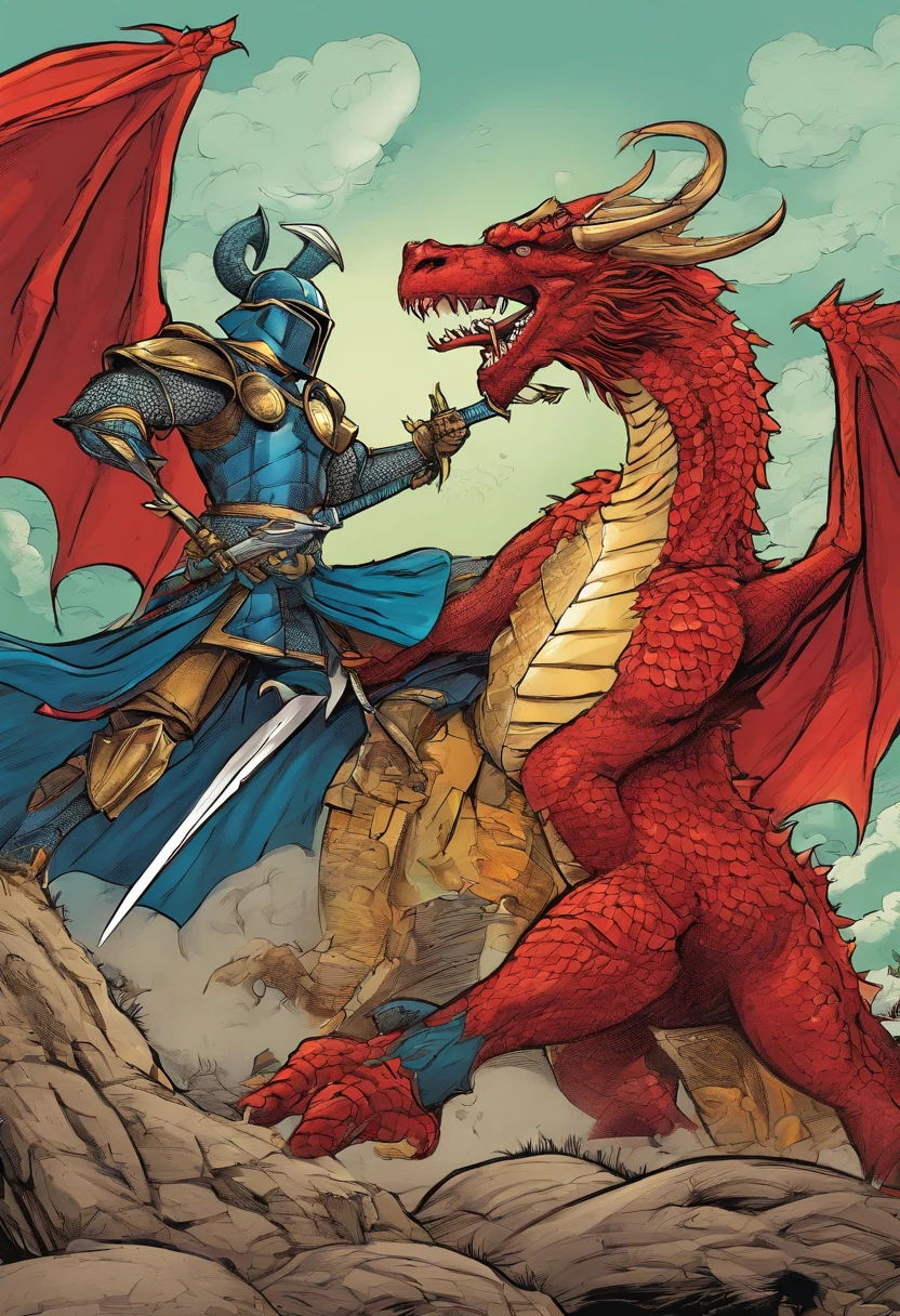 Knight fighting a dragon, cavaleiro joven, red dragon