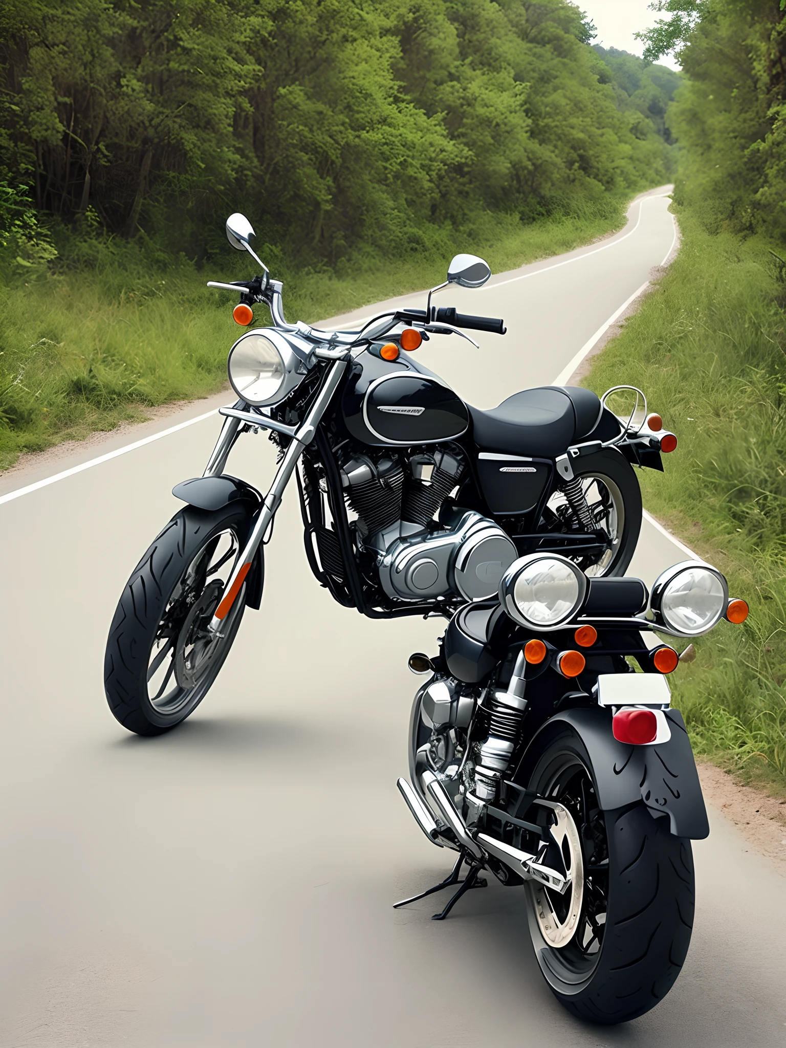 Stylish motorbike riding off the road, beautiful front nature back, photo from backside
