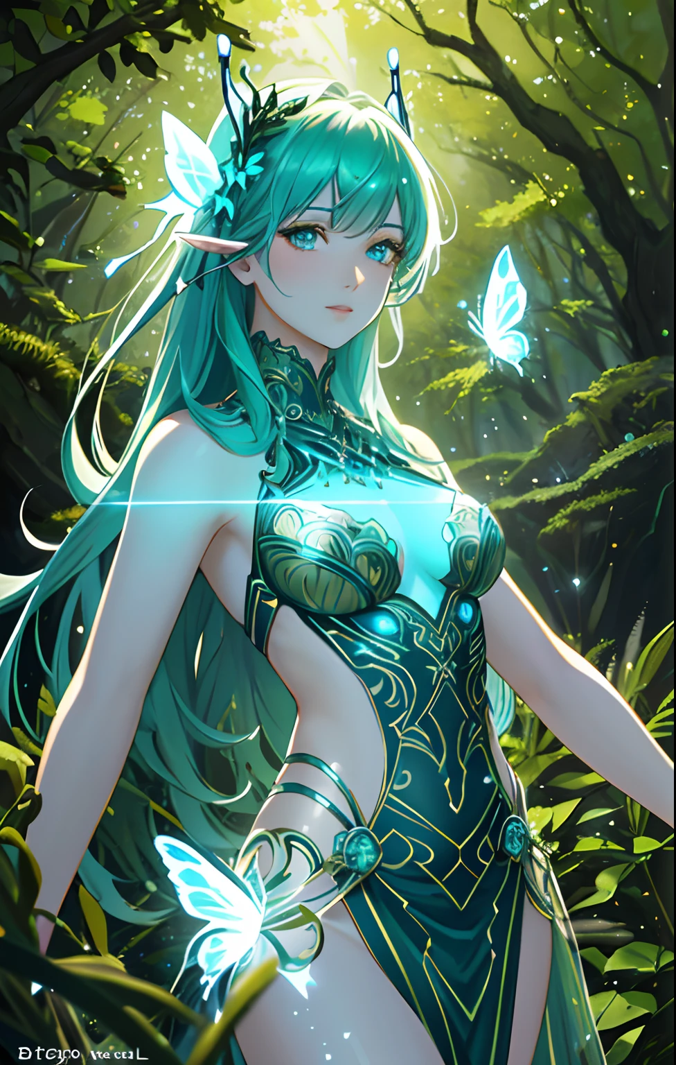 (masterpiece), best quality, highres, (realistic face:1.1), (hyperrealistic:1.3), 4k, 8k, Detailed Illustration, intricate detail, (night:1.5), glowing particles, floating,  1girl, (tight butterfly themed dress), butterfly styled dress, see through top, diadem, mini skirt, (skin thight:1.3)  ((full_body)), fit female,, goddess, nymph, medium breasts , perfect eyes, sexy, (shiny skin:1.2),(outdoors:1.3), (nature background:1.3), (bioluminescent fern),  glowing moss, (small head:0.5), cinematic lighting, sharp shadows, amazing quality, amazing shading, soft lighting, (symetrical:0.5), facing camera,
ultra-detailed ,((green skin))