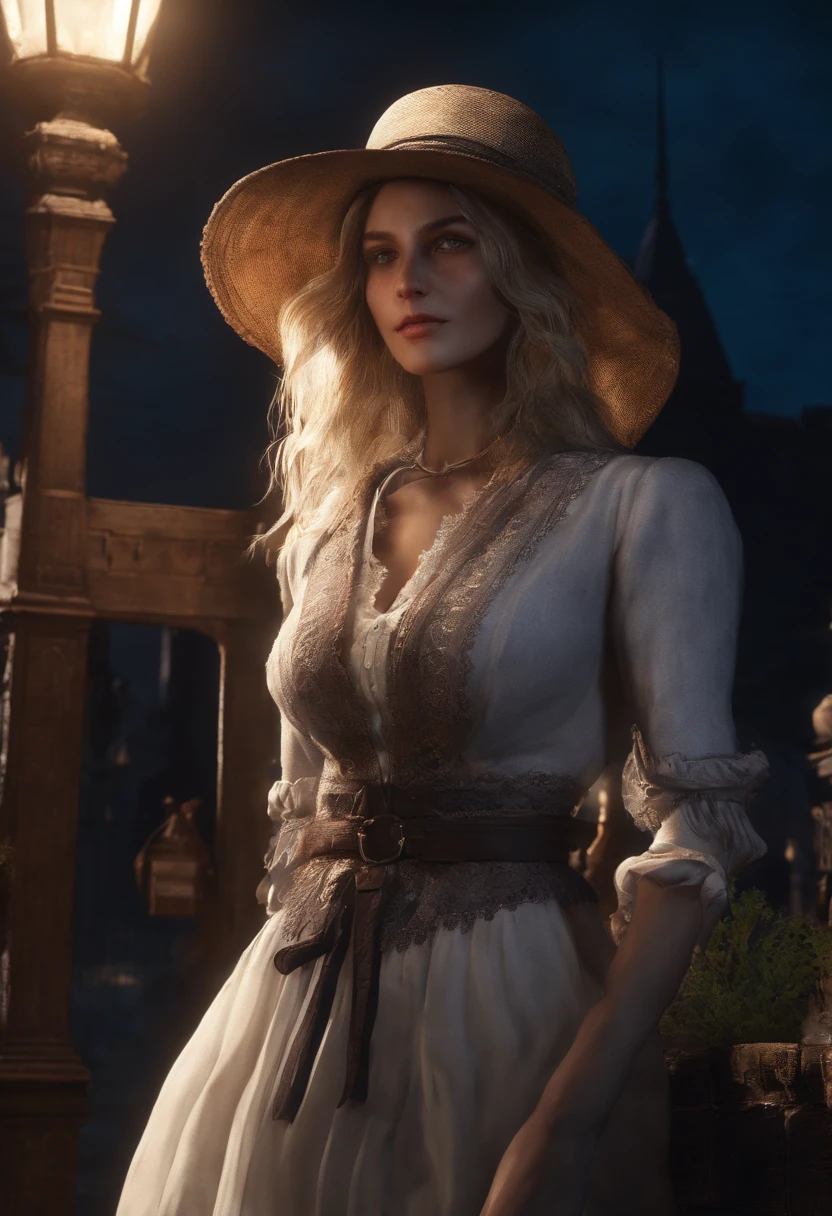 Beautiful and Tadeusz Miciński from Bloodborne with her common clothes at night at Yharnam City, 80s movie