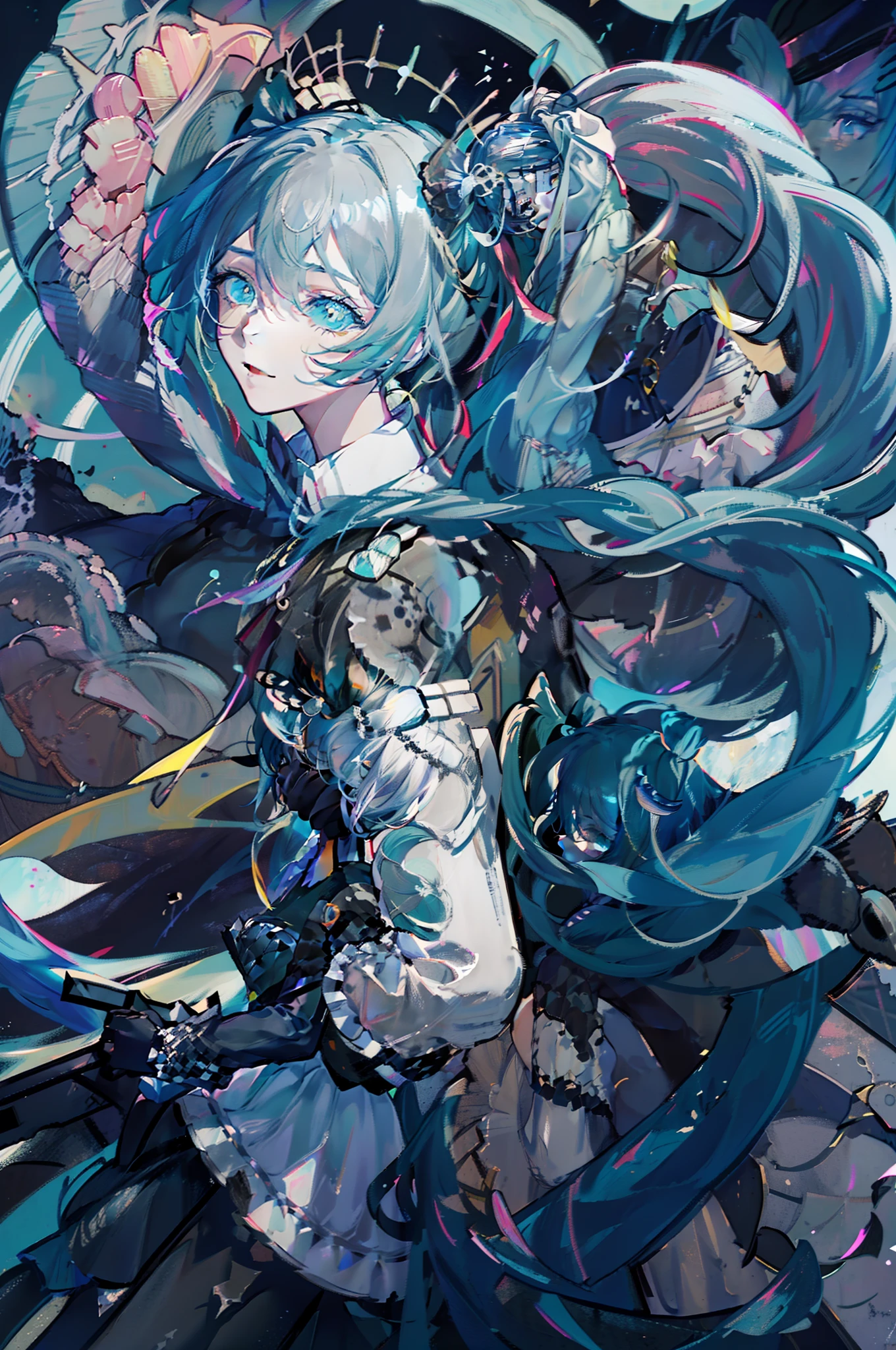 miku hatsune(Top image quality),(Master's work),(ultra-detailliert),(Detailed depiction of the eyes:1.0),(lensflare:1.0),(Cinematic poster:1.0),(Tarot Border:1.0),Character Center,(a closeup:1.0),(negative space:0.8),(negative space:1.6),(独奏),(a colorful{the wind|water magic|inky|crystalline|icy|firey|loimu|lightning|netting|boulders|Grit|Particle|brilliance|bloods}:1.0),(Many colorful{soap bubbles|clouds|thorn|spikes|vine|electric current|Spiral|The halo|cubes|octahedron}:1.0),(Planktonic{reddish|verdant|green grass|Eau|Viola|yellow|A black|blanche|greys|pink there|an orange|lime} {bow ribbon|pluma|Particle|edged|The drops|snowflake|softball}:1.0),({crystalline|icy|firey|loimu|the wind|Eau|planet earth|stony|space|musical|sonic|swirls} {magic}:1.0), ({Ray traching,Glowering|Mottled sunbeams,llight rays,Caustics|The night is mysterious,eerie|Carefree,pastels}:1.2), ({colorful|Irridescent color|multicolour}:1.0),(beautiful detailed brilliance:1.0),({Slouched|Rear-view|Tilted to the side|}:1.2),{ (a smile:1.0)|(a smirk:1.0)|(grim facial expression:1.0)},({Has a small|Has a small||s lips、eye lashes}:1.0),{grinning evily|:1.2},({eyelashes|eyeshadow||}),{Close one eye|||},({red|green|blue|aqua|purple|yellow|black|white|grey|pink|orange|lime} hair:1.4 ),({short|long|medium} hair:1.0),({frombelow|From above|from side|from the rear|Frontal viewer}:1.3),(aureola:1.3),(tilt of the head:1.0),(dynamicposes:1.1),(Asymmetrical hair:1.2),({reddish|verdant|green grass|Eau|Viola|yellow|A black|blanche|greys|pink there|an orange|lime} {|doress|outfits}:1.0),({formal|military|techwear|urban style|casual,casual clothes|fantasy,magician|feral,tribal|sci-fi,futuristic}),({Plaid skirt|layered skirts|Puffy dress|tights|trouser|shortpants}),({reddish|verdant|green grass|Eau|Viola|yellow|A black|blanche|greys|pink there|an orange|lime} {The eye|The eye|collofull eyes}:1.4),{(brow:1.5),Asymmetrical bangs|oblique bangs|hair between eye|bluntbangs|swept bangs},{Blindfold|Twin-tailed|||},{straight h