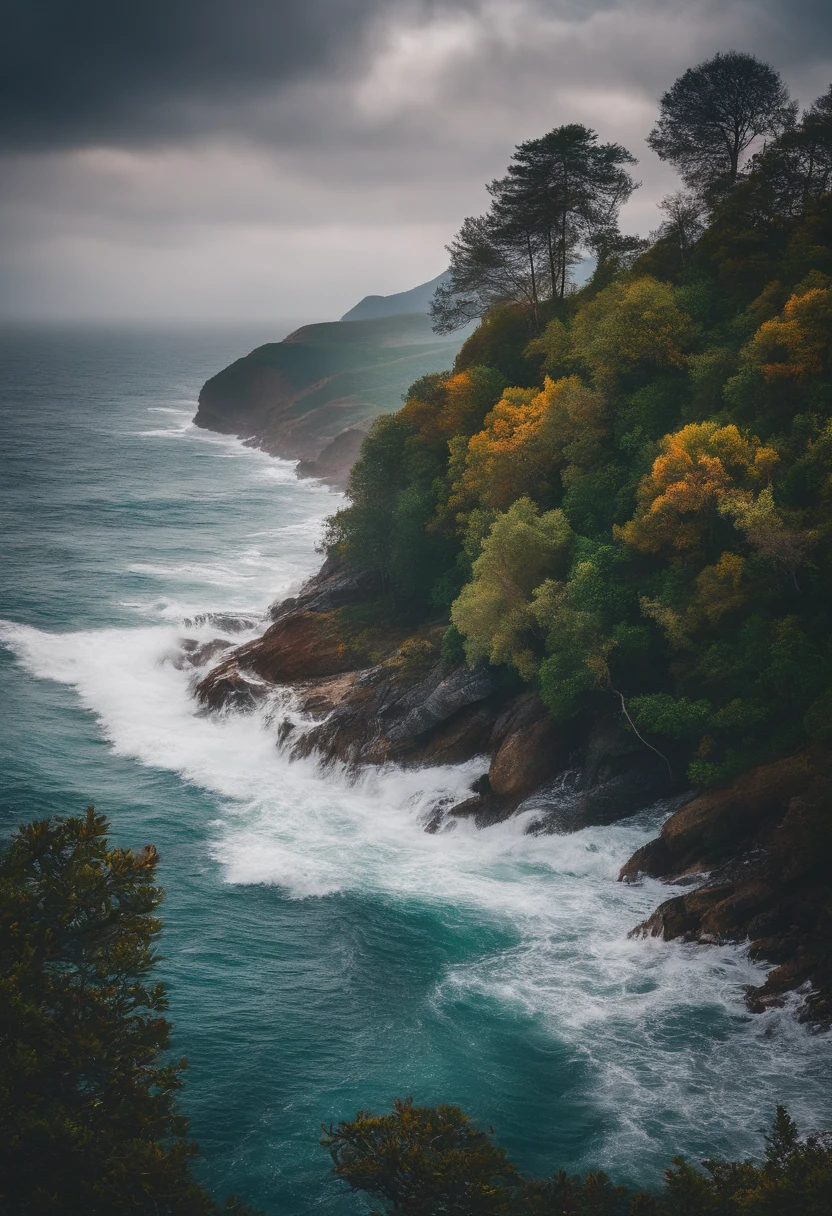 Elementos da natureza, como montanhas, trees or waves from the sea.