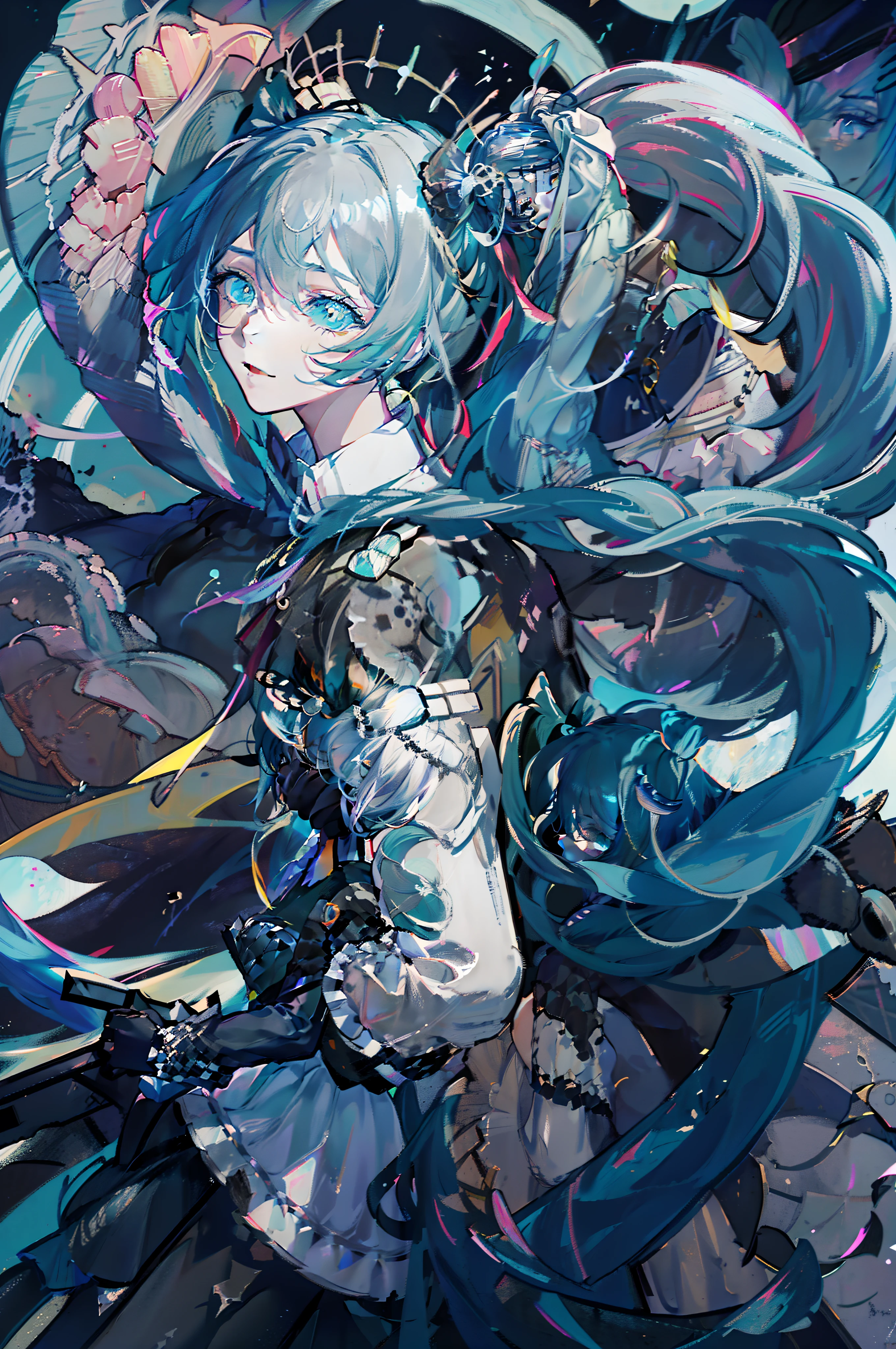 miku hatsune(Top image quality),(Master's work),(ultra-detailliert),(Detailed depiction of the eyes:1.0),(lensflare:1.0),(Cinematic poster:1.0),(Tarot Border:1.0),Character Center,(a closeup:1.0),(negative space:0.8),(negative space:1.6),(独奏),(a colorful{the wind|water magic|inky|crystalline|icy|firey|loimu|lightning|netting|boulders|Grit|Particle|brilliance|bloods}:1.0),(Many colorful{soap bubbles|​​clouds|thorn|spikes|vine|electric current|Spiral|The halo|cubes|octahedron}:1.0),(Planktonic{reddish|verdant|green grass|Eau|Viola|yellow|A black|blanche|greys|pink there|an orange|lime} {bow ribbon|pluma|Particle|edged|The drops|snowflake|softball}:1.0),({crystalline|icy|firey|loimu|the wind|Eau|planet earth|stony|space|musical|sonic|swirls} {magic}:1.0), ({Ray traching,Glowering|Mottled sunbeams,llight rays,Caustics|The night is mysterious,eerie|Carefree,pastels}:1.2), ({colorful|Irridescent color|multicolour}:1.0),(beautiful detailed brilliance:1.0),({Slouched|Rear-view|Tilted to the side|}:1.2),{ (a smile:1.0)|(a smirk:1.0)|(grim facial expression:1.0)},({Has a small|Has a small||s lips、eye lashes}:1.0),{grinning evily|:1.2},({eyelashes|eyeshadow||}),{Close one eye|||},({red|green|blue|aqua|purple|yellow|black|white|grey|pink|orange|lime} hair:1.4 ),({short|long|medium} hair:1.0),({frombelow|From  above|from side|from the rear|Frontal viewer}:1.3),(aureola:1.3),(tilt of the head:1.0),(dynamicposes:1.1),(Asymmetrical hair:1.2),({reddish|verdant|green grass|Eau|Viola|yellow|A black|blanche|greys|pink there|an orange|lime} {|doress|outfits}:1.0),({formal|military|techwear|urban style|casual,casual clothes|fantasy,magician|feral,tribal|sci-fi,futuristic}),({Plaid skirt|layered skirts|Puffy dress|tights|trouser|shortpants}),({reddish|verdant|green grass|Eau|Viola|yellow|A black|blanche|greys|pink there|an orange|lime} {The eye|The eye|collofull eyes}:1.4),{(brow:1.5),Asymmetrical bangs|oblique bangs|hair between eye|bluntbangs|swept bangs},{Blindfold|Twin-tailed|||},{straight haired|waved hair|drill hair||},{long court|Suit jacket|cloaks|Sweaters|neck tie||},{(Floating cloak:1.0),|}({abstract background|the woods,flower garden|lake|Winters|}:1.4),({inside the house,inside the house|outside of house,outside of house}:1.1),{2$ $|tiara crown|tiarra|eye wear|eye glasses|Hair Gear|Hair Flower|hair pin|hair bows|||},({sitting|flying|jumping|laying|standing|Standing on one leg}:1.1), ({Colored skin|de pele branca|blue skin|thin skin|sun burn|Glossy skin|Dark skin||}:1.1),({full bodyesbian|The upper part of the body|sportrait|}:1.25),{tusk、Fangs of the skin|tongue|eye brows up|Biting your lip|think|||||}、{Eyes of the Sky|Symbol-shaped pupil、Heart-shaped pupil|Slit pupil、+ +|||||}