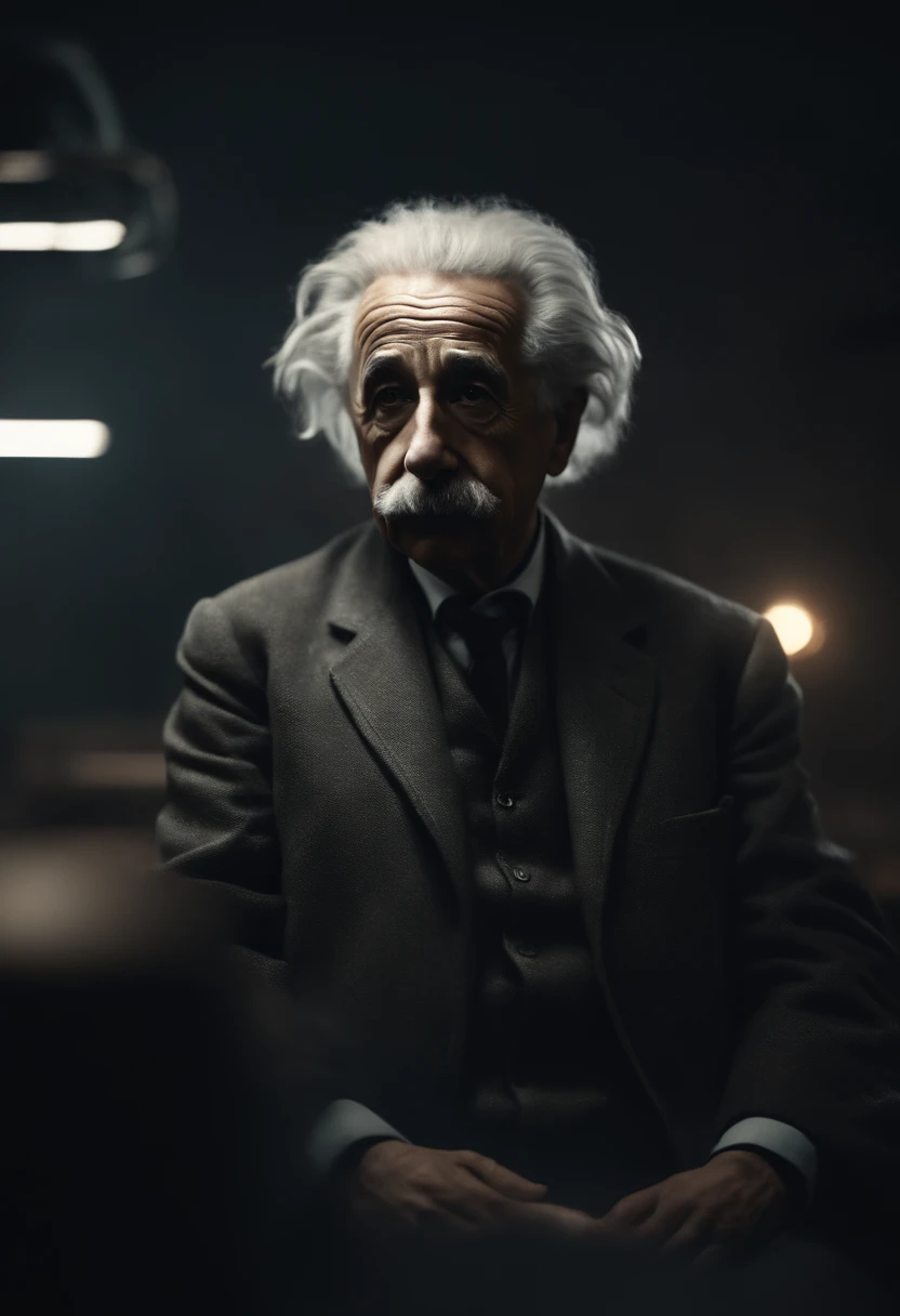 Pensive Albert Einstein looking forward, futuristic dystopian environment