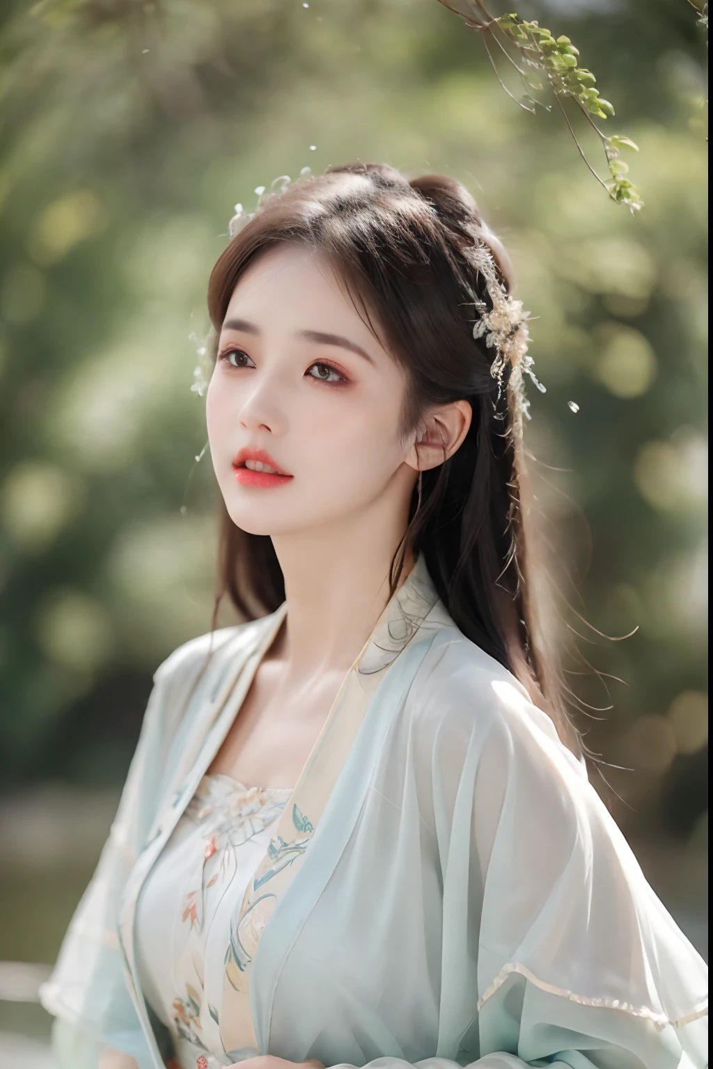 ((Best Quality, 8k, Masterpiece: 1.3)), Focus: 1.2, Perfect Body Beauty: 1.4, Buttocks: 1.2, ((Layered Haircut)), (Wet Clothes: 1.1), (Rain, Street:1.3), (Breasts: 1.2), (Hanfu: 1.2), Bare Shoulders, Bare Legs, Highly Detailed Face and Skin Texture, Fine Eyes, Double Eyelids, Whitened Skin, Long Hair, (Shut Up: 1.5), (Bokeh Background: 1.5), Big Breasts