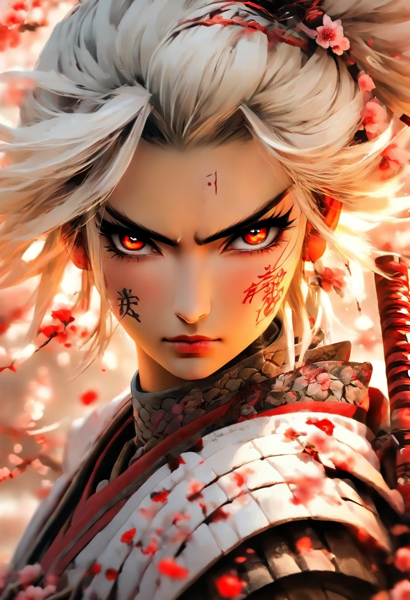 The most beautiful and gorgeous samurai warrior princess, white hair, red eyes, wearing highly detailed white battle armor, tattoos and piercings, blood splattered, cherry blossoms blowing in the wind, post apocalyptic Japan, perfect masterpiece, high quality, high resolution