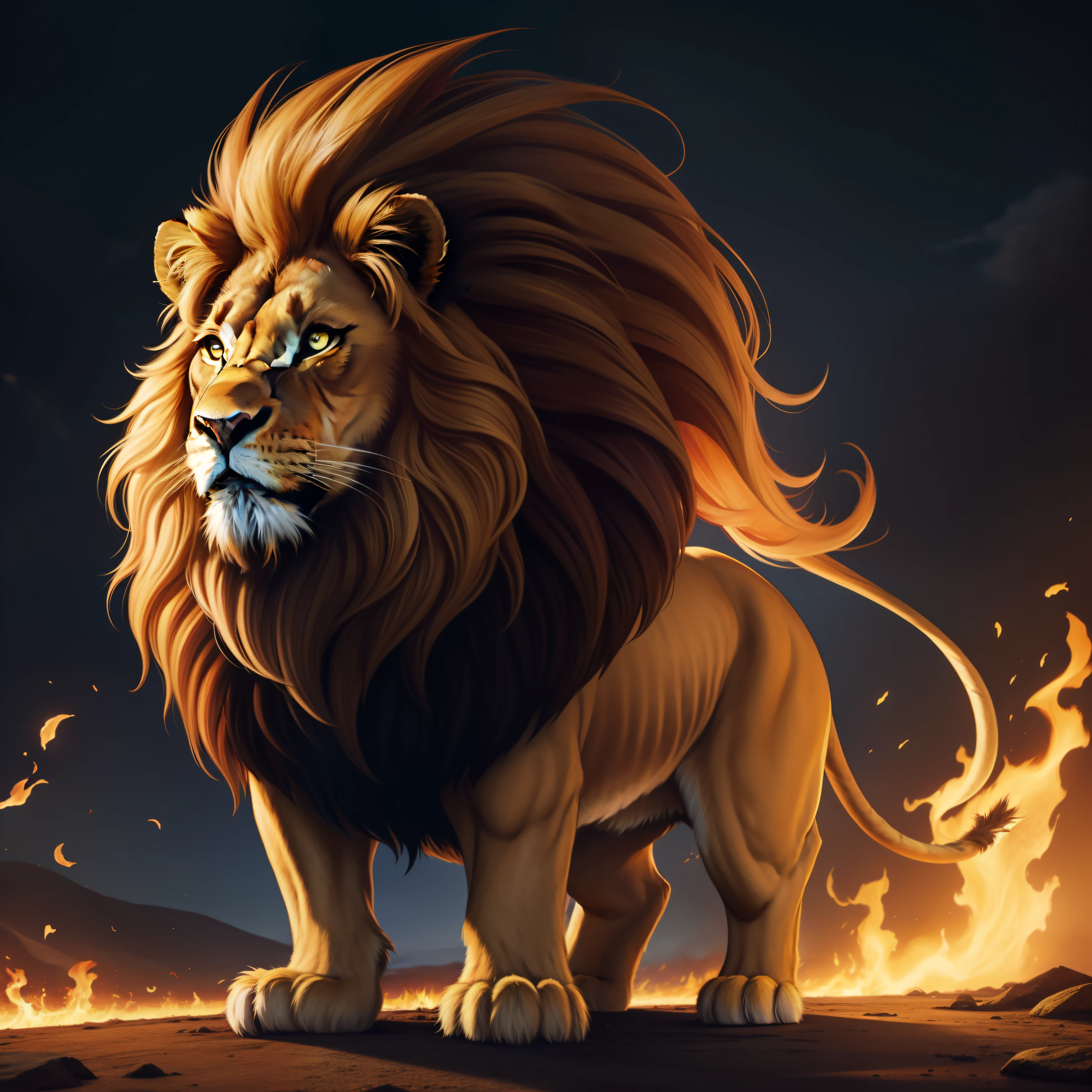 Painting of a lion with a long mane and yellow eyes, Fire Lion, with the mane of a lion. the mane of a lion, lion mane, Aslan the Lion, lion body, half lion, 2 d full body lion, Rei da selva, Cute lion, lion warrior, me, lion head, awesome art