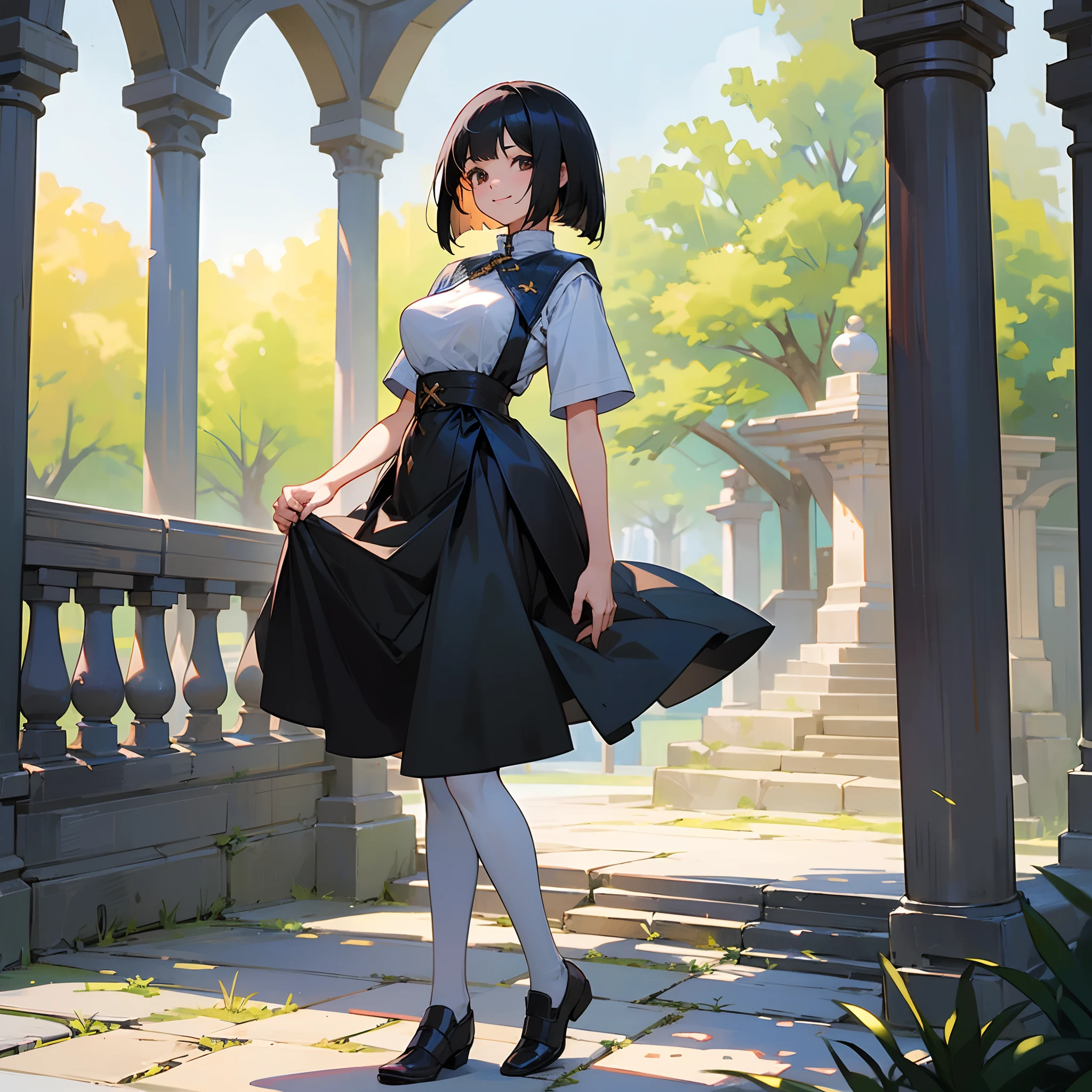 With the best image quality、Teenage girl standing alone outdoors。In high resolution、Beautiful fine details、tranquil atmosphere。((Black Hair Bob Hair))、Cute smile。(((breasts are large)))、I don't have anything in my hands、realistic hand、Medieval European national costume with short sleeves、Medieval European Streets、Leather shoes。